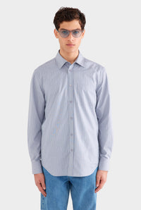 Classic Cotton Stripe Long Sleeve Shirt - Grey/Blue Check