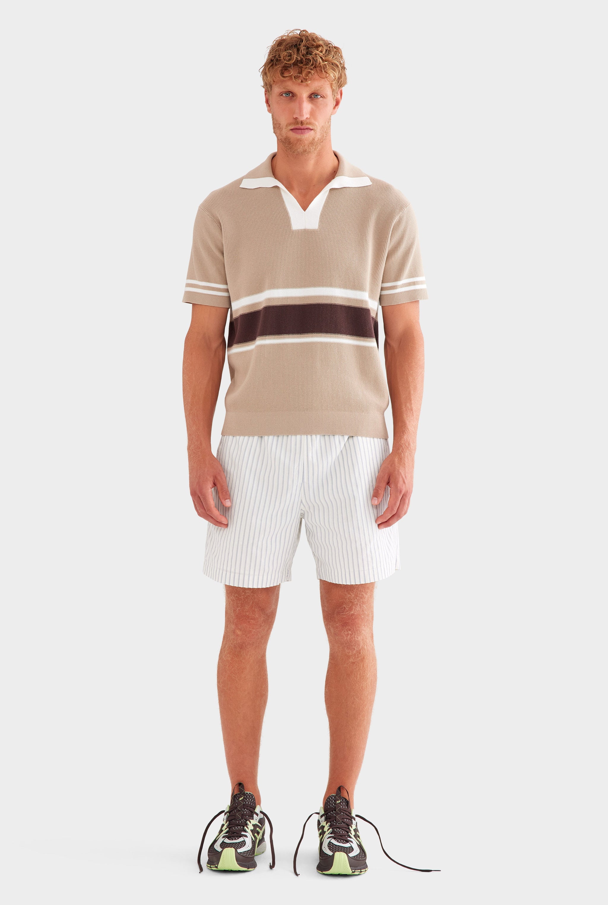 Contrast Open Neck Cotton Polo - Taupe/Brown/Off White