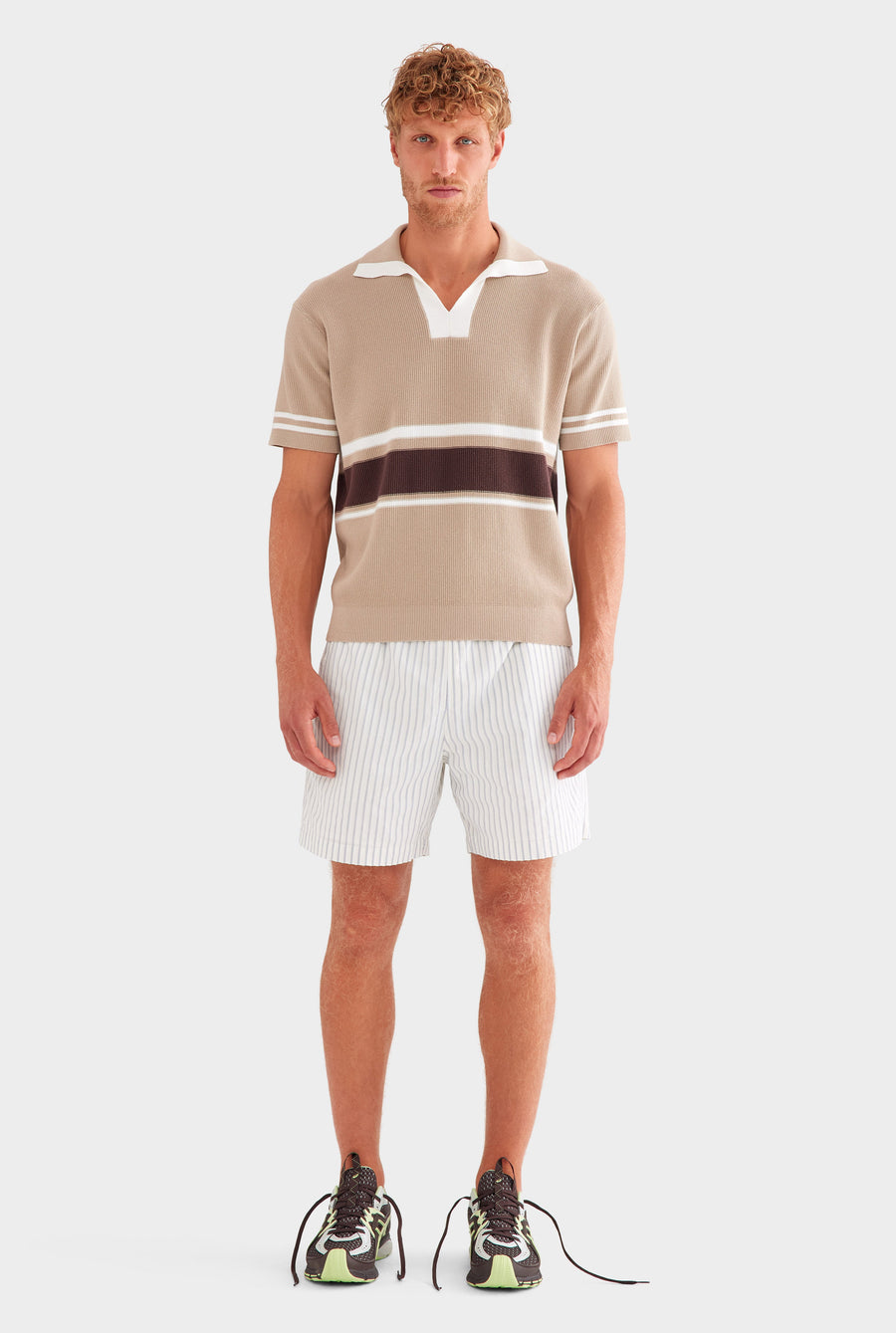 Contrast Open Neck Cotton Polo - Taupe/Brown/Off White
