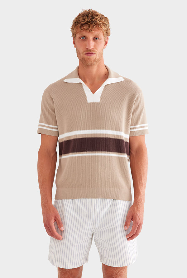 Contrast Open Neck Cotton Polo - Taupe/Brown/Off White