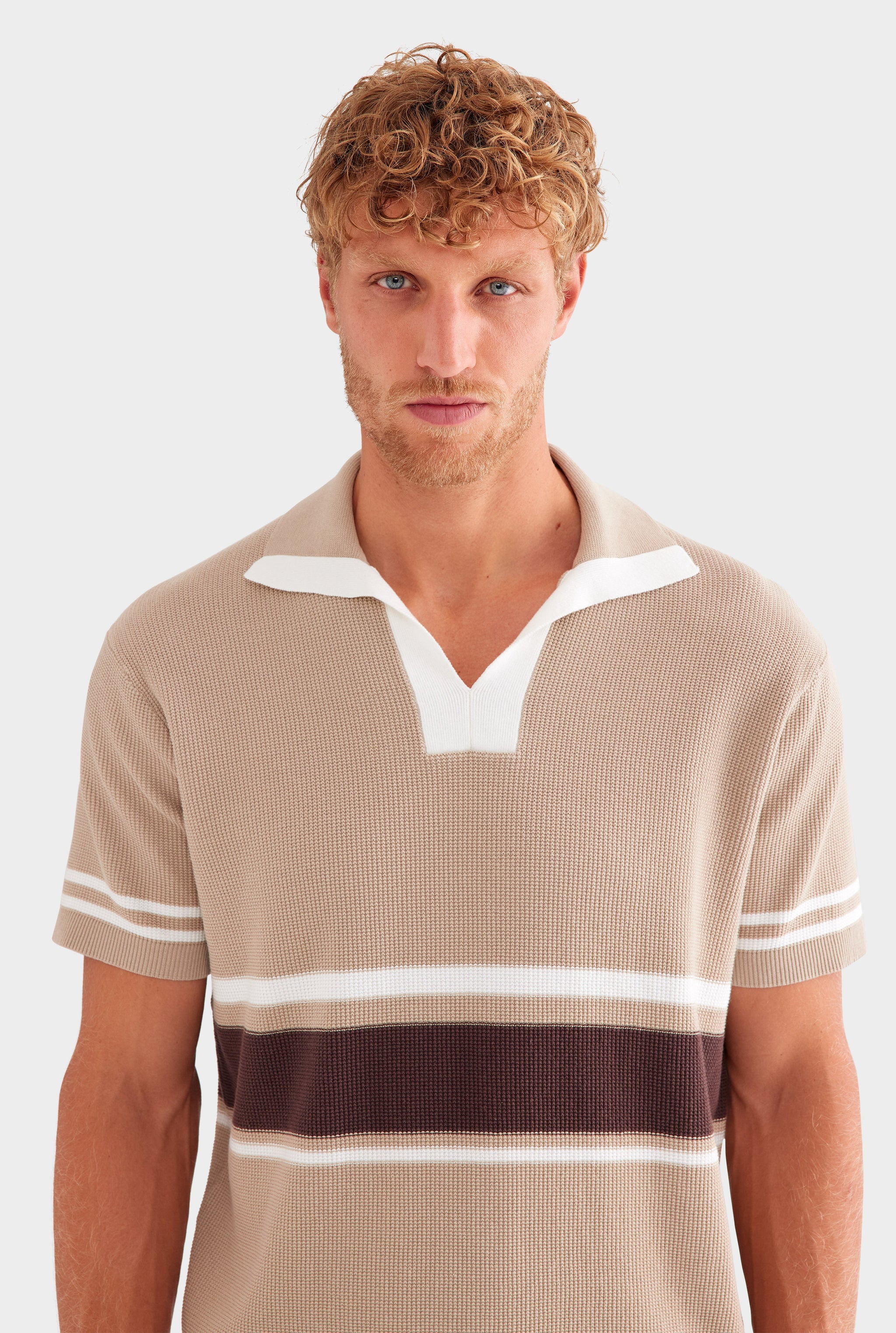 Contrast Open Neck Cotton Polo - Taupe/Brown/Off White
