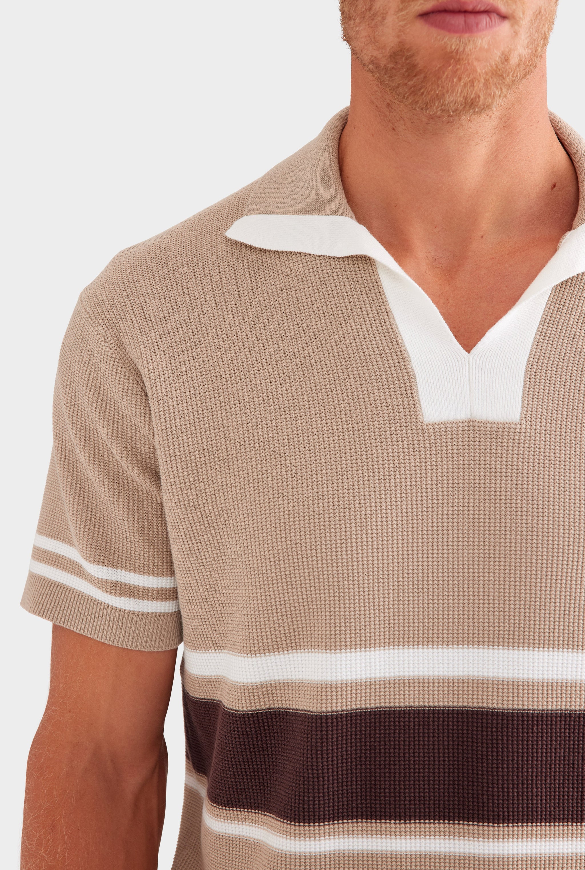 Contrast Open Neck Cotton Polo - Taupe/Brown/Off White
