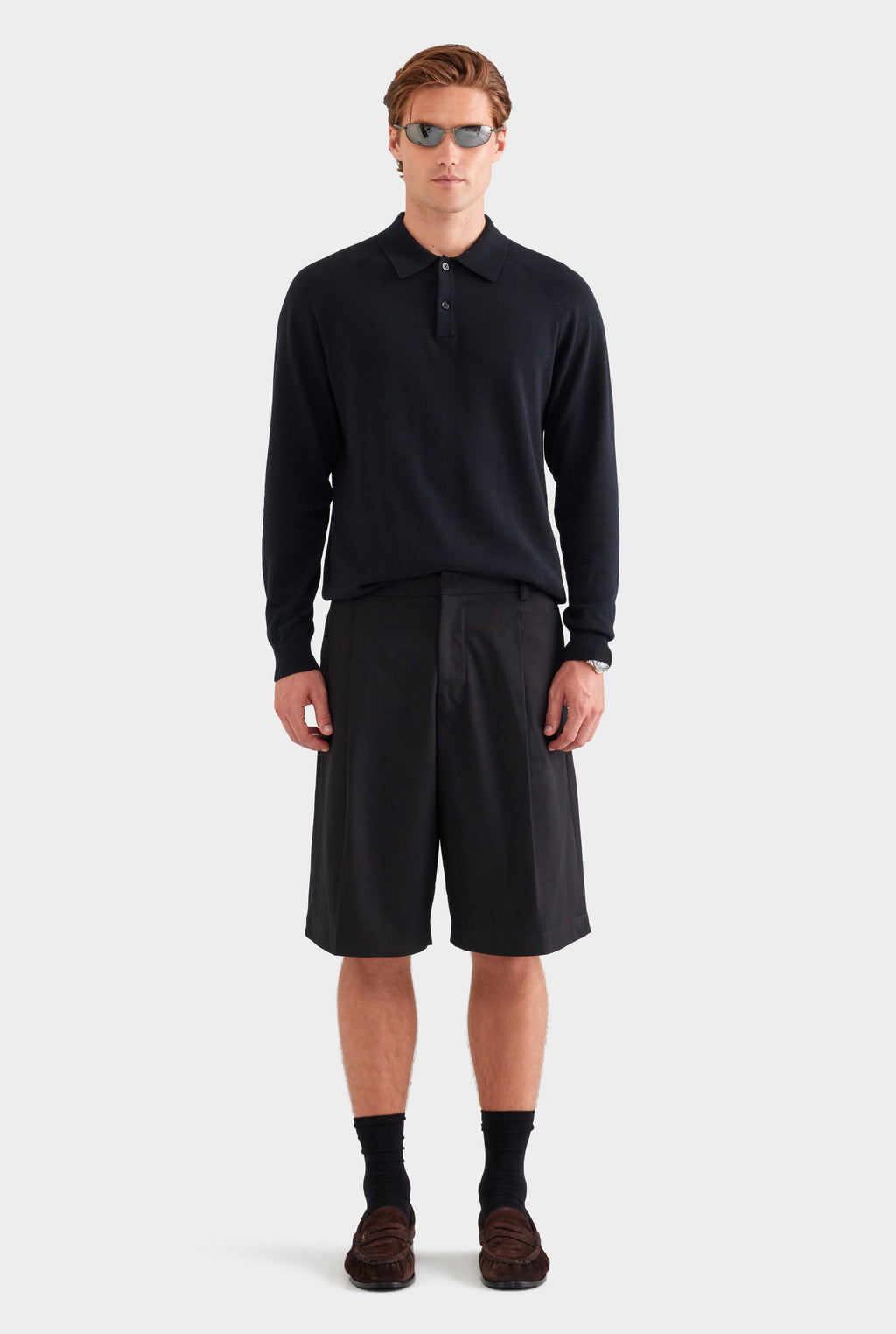 Cotton Canvas Pleated Bermuda Short - Black