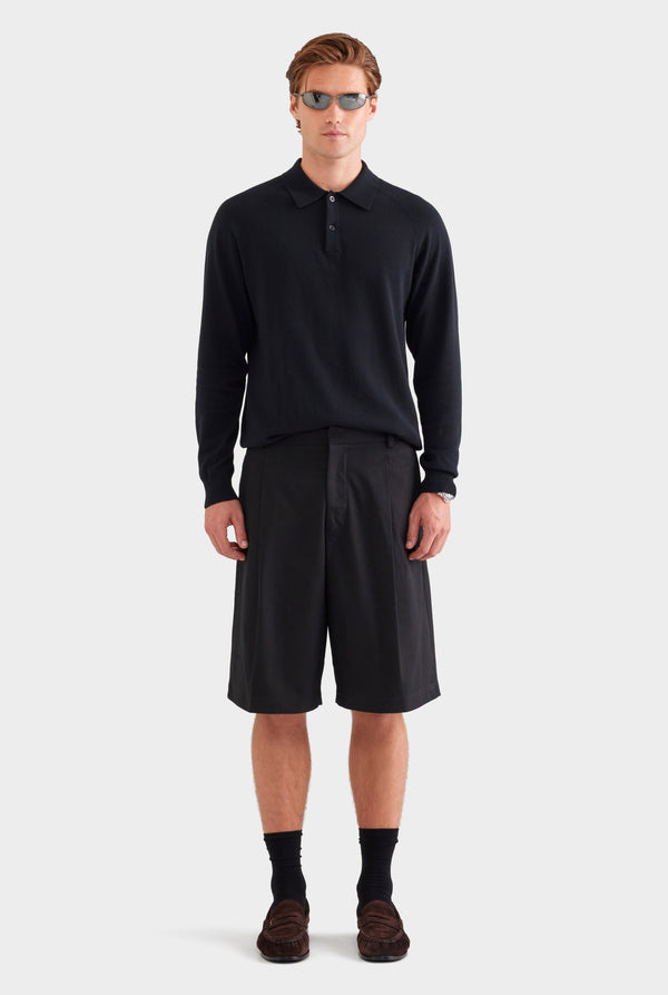 Cotton Canvas Pleated Bermuda Short - Black