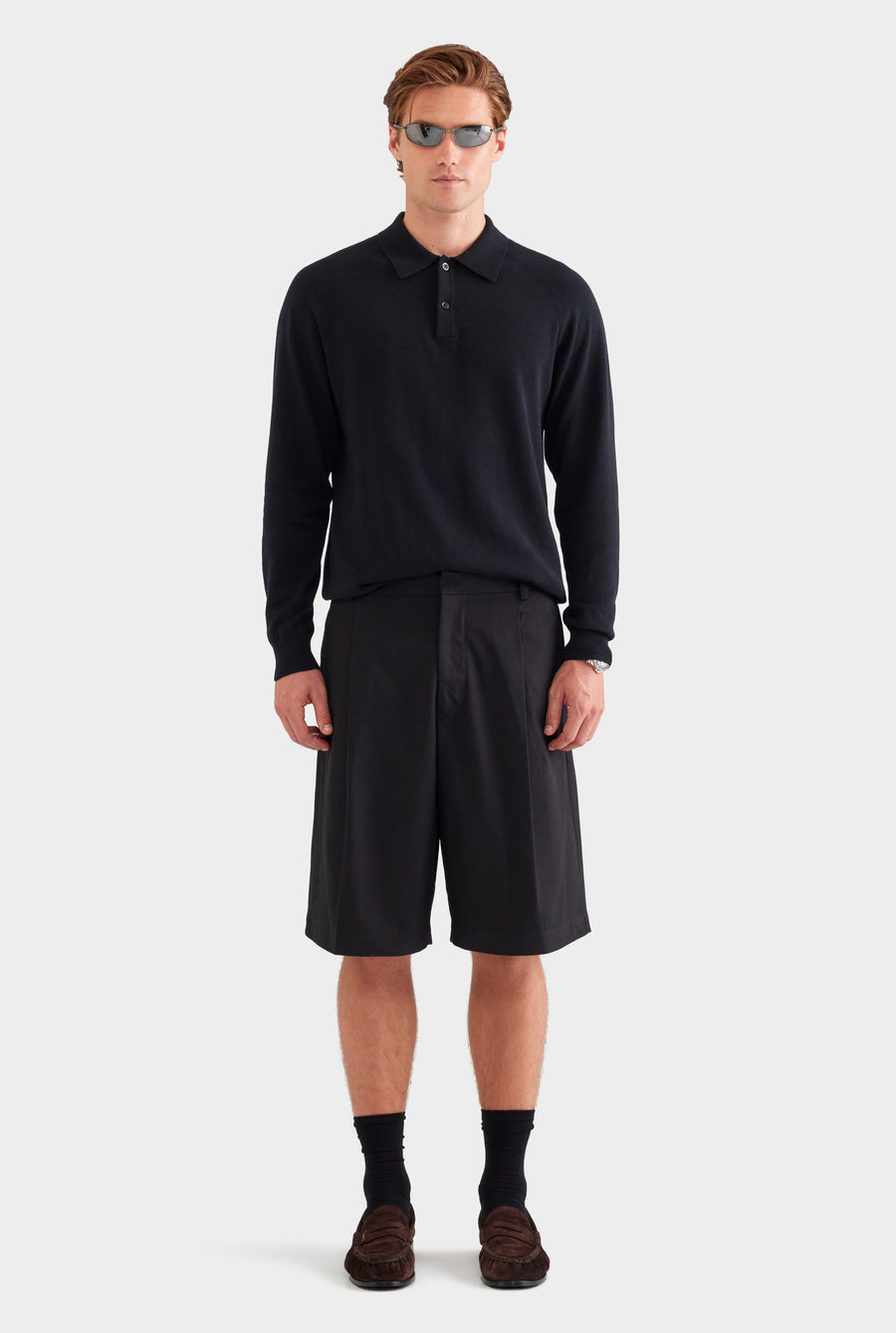 Cotton Canvas Pleated Bermuda Short - Black