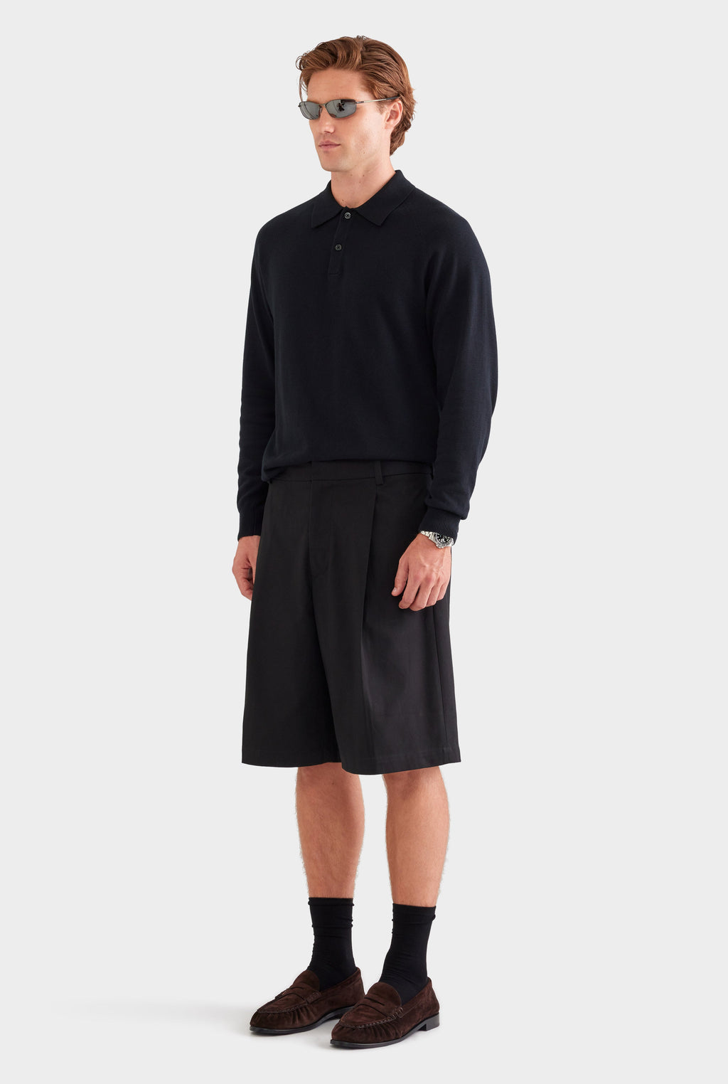 Cotton Canvas Pleated Bermuda Short - Black