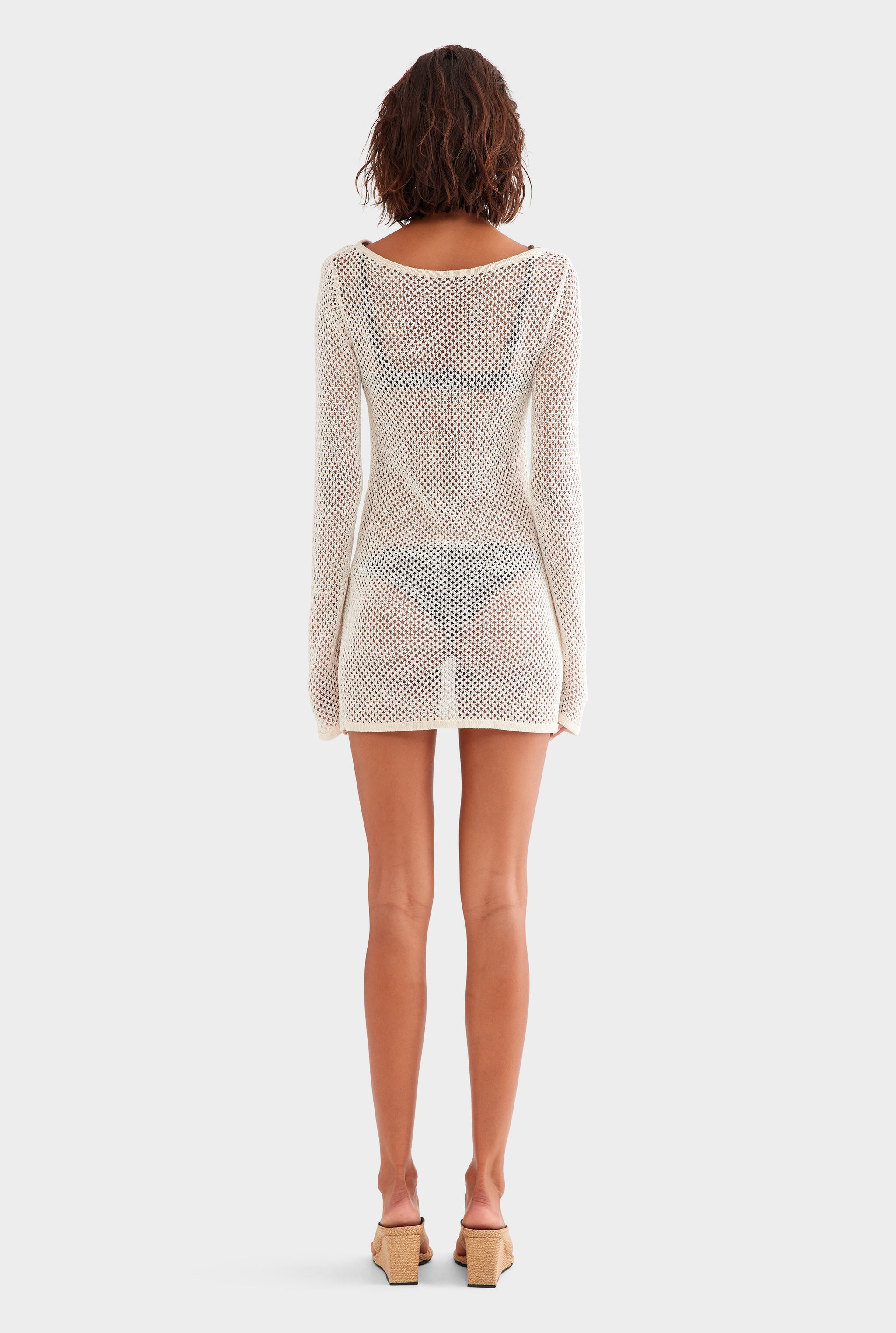 Crochet Cotton Nylon Mini Dress - Off White/Natural