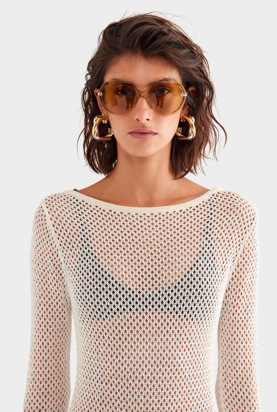 Crochet Cotton Nylon Mini Dress - Off White/Natural