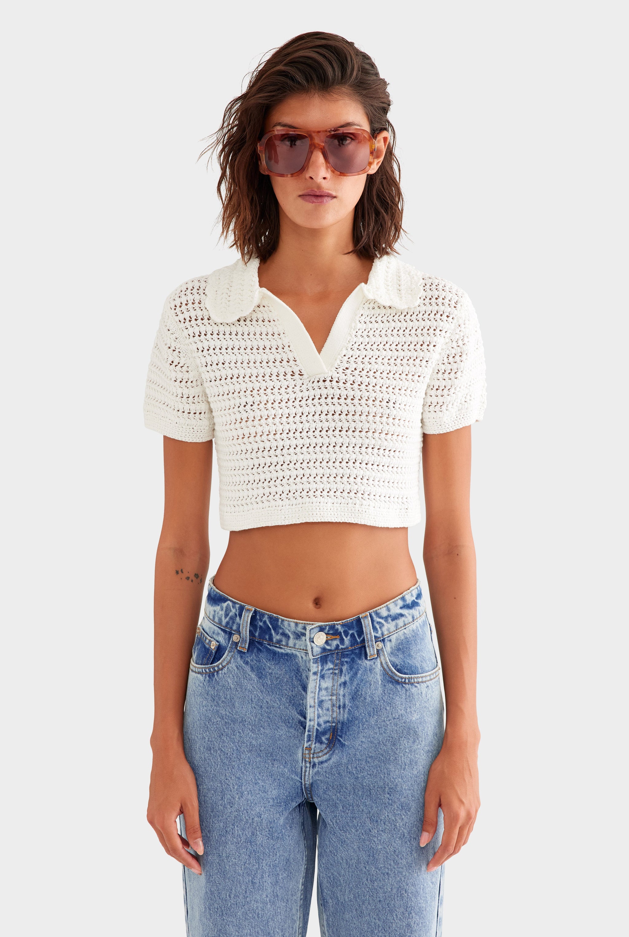 Crochet Cropped Polo - Off White