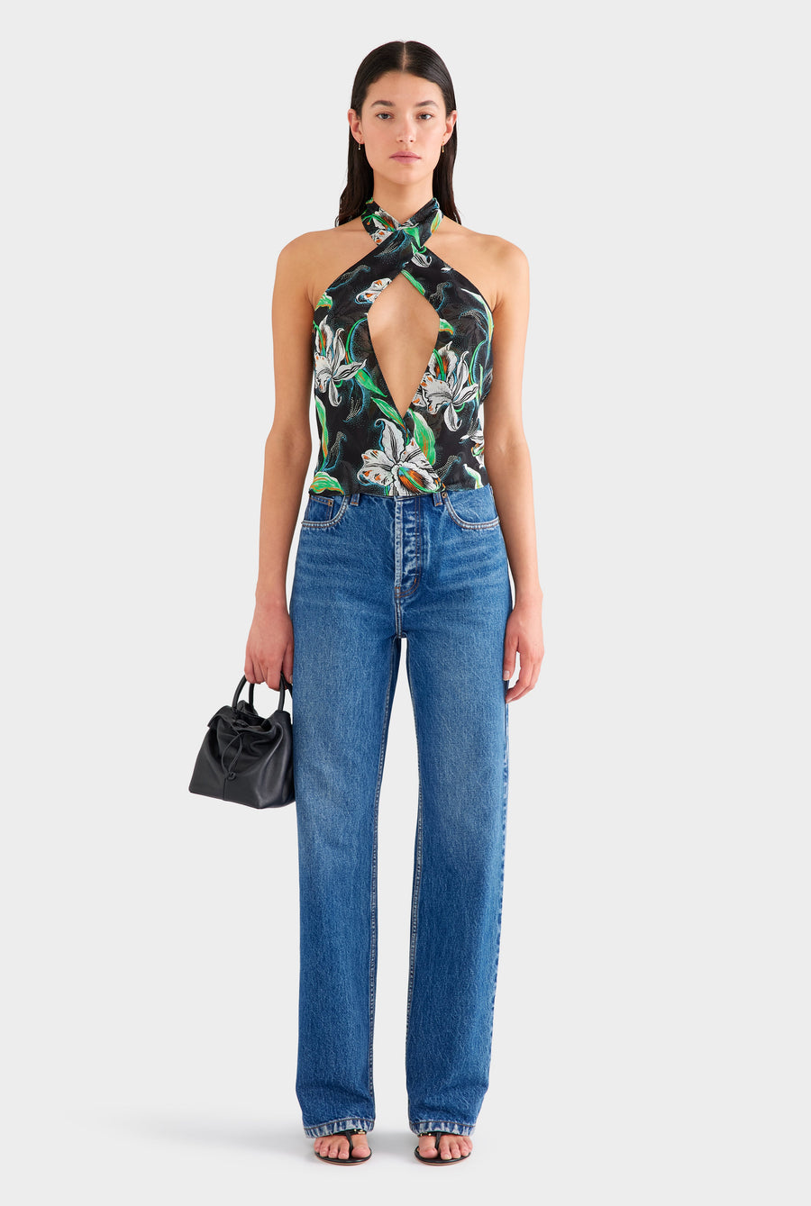 Cross Front Silk Scarf Top - Black/White Lily