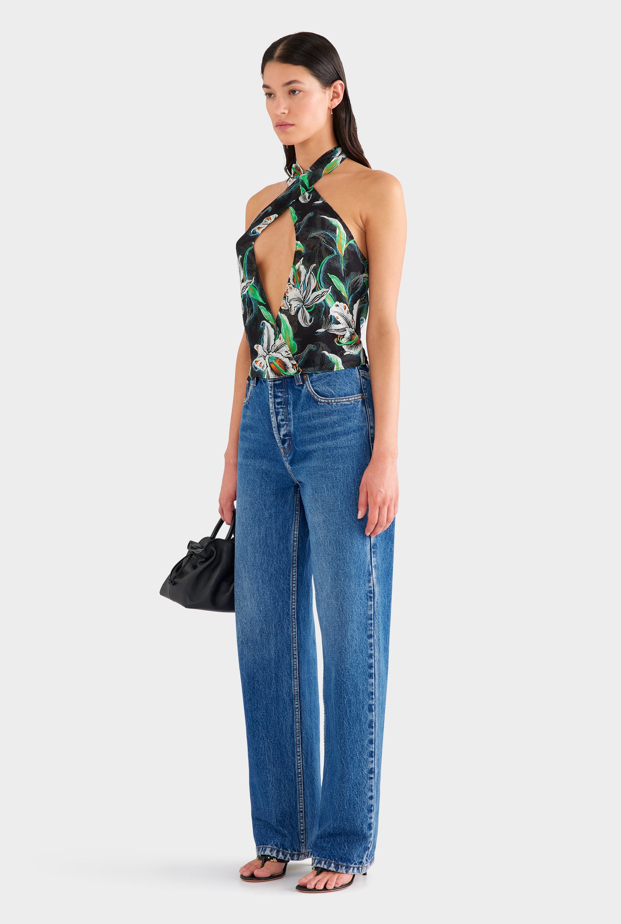 Cross Front Silk Scarf Top - Black/White Lily