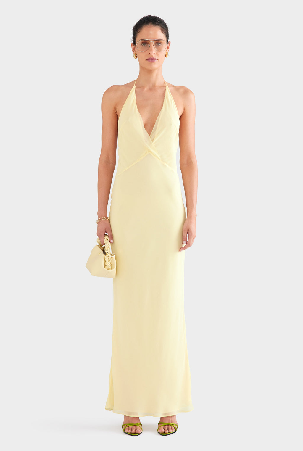 Low Back Layered Silk Halter Dress - Pastel Yellow