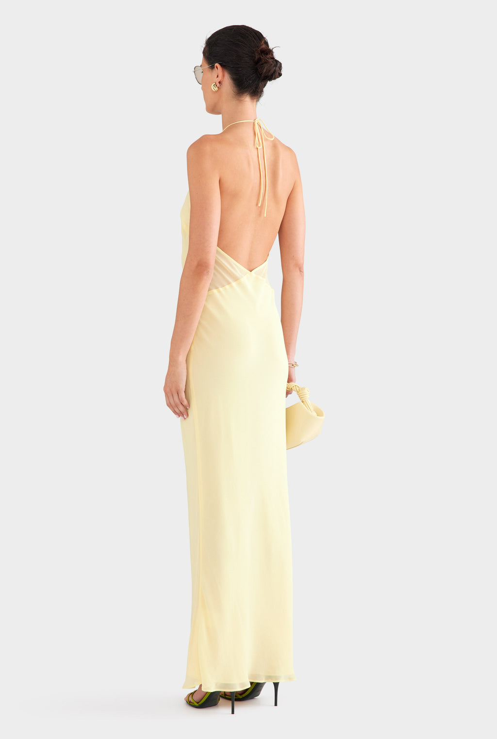 Low Back Layered Silk Halter Dress - Pastel Yellow