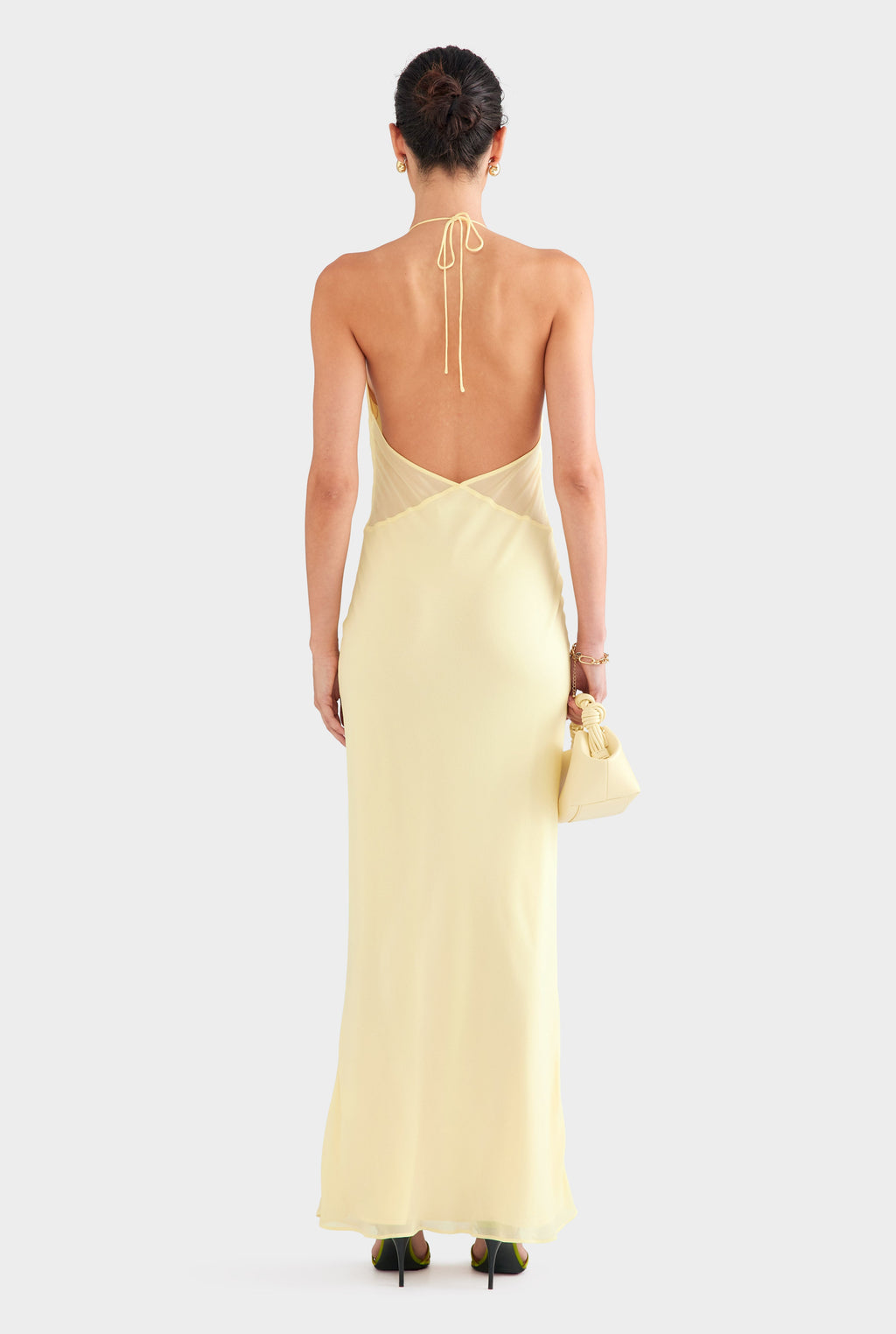 Low Back Layered Silk Halter Dress - Pastel Yellow