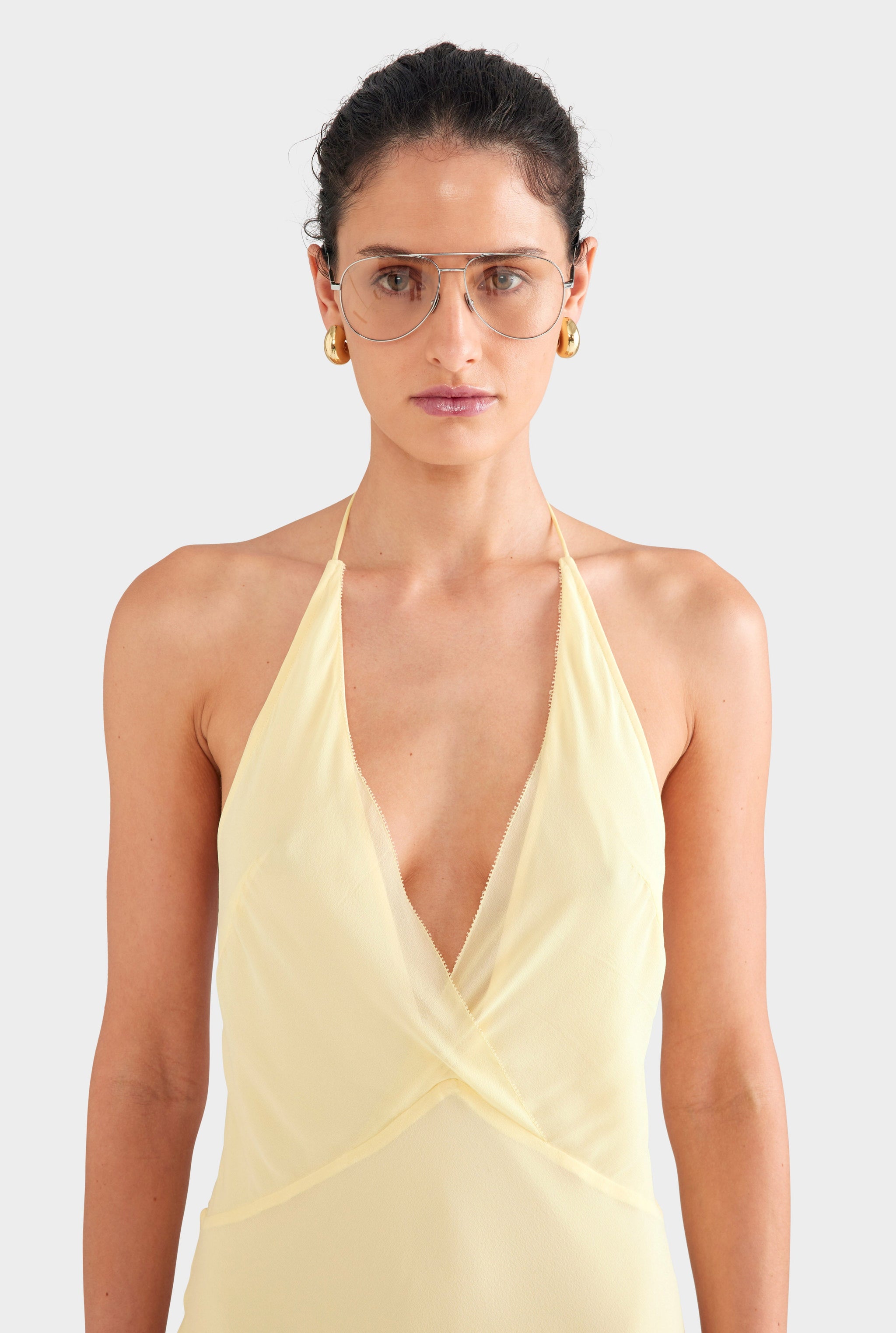 Low Back Layered Silk Halter Dress - Pastel Yellow