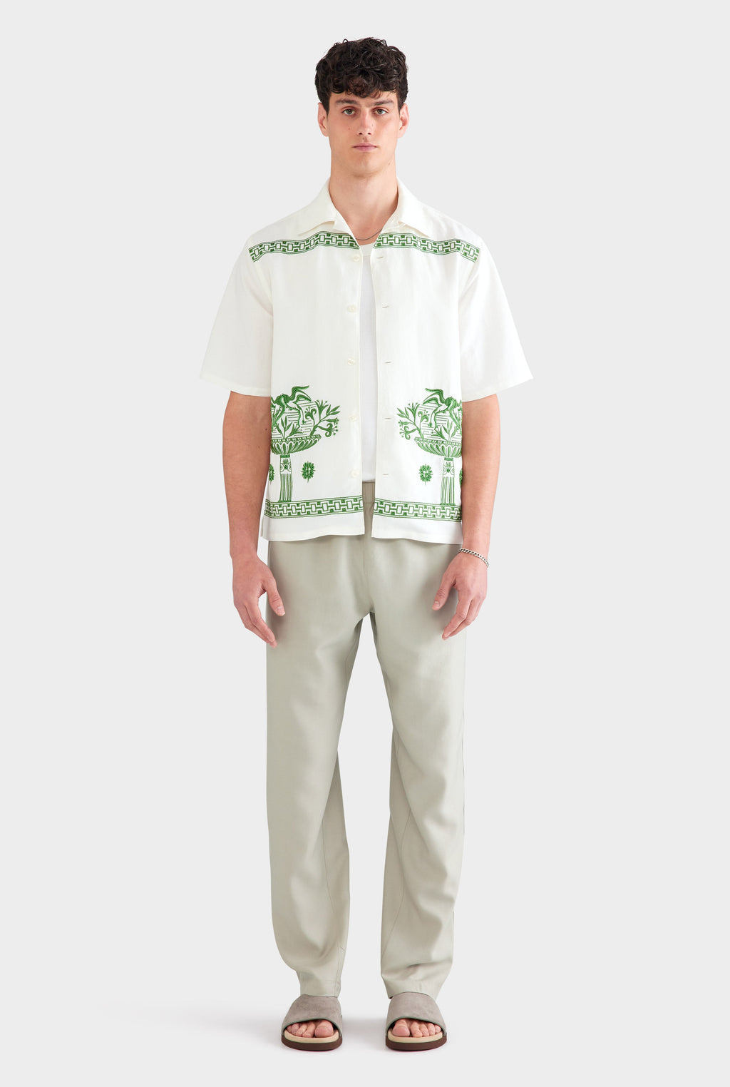 Beaded Silk Linen Camp Collar Shirt - Off White/Ivy Green