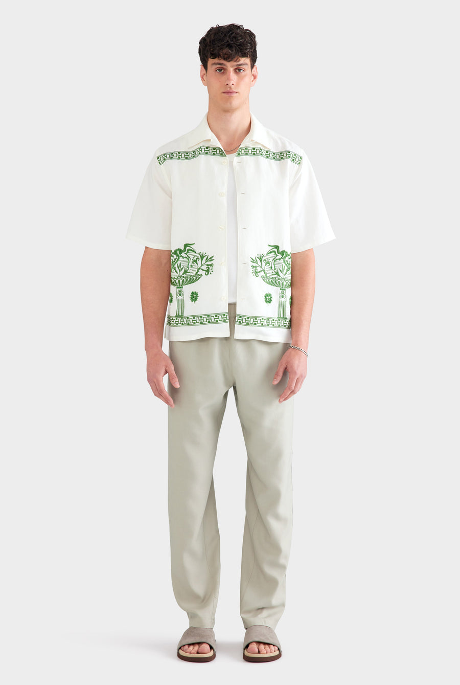 Beaded Silk Linen Camp Collar Shirt - Off White/Ivy Green