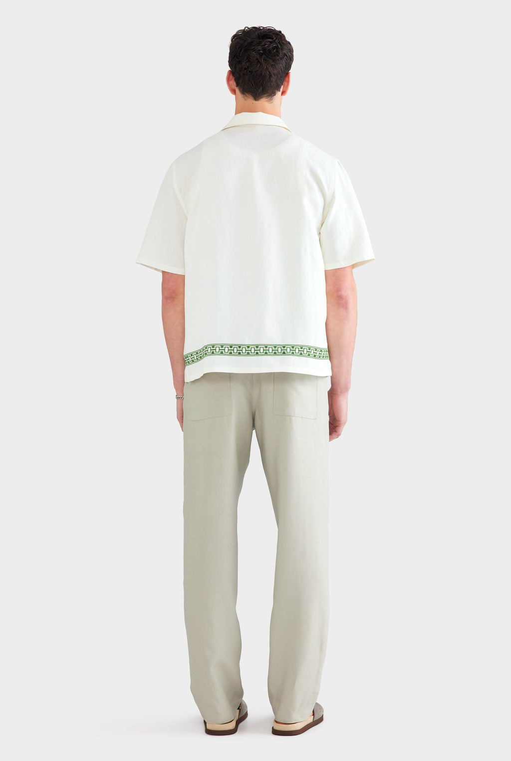 Beaded Silk Linen Camp Collar Shirt - Off White/Ivy Green