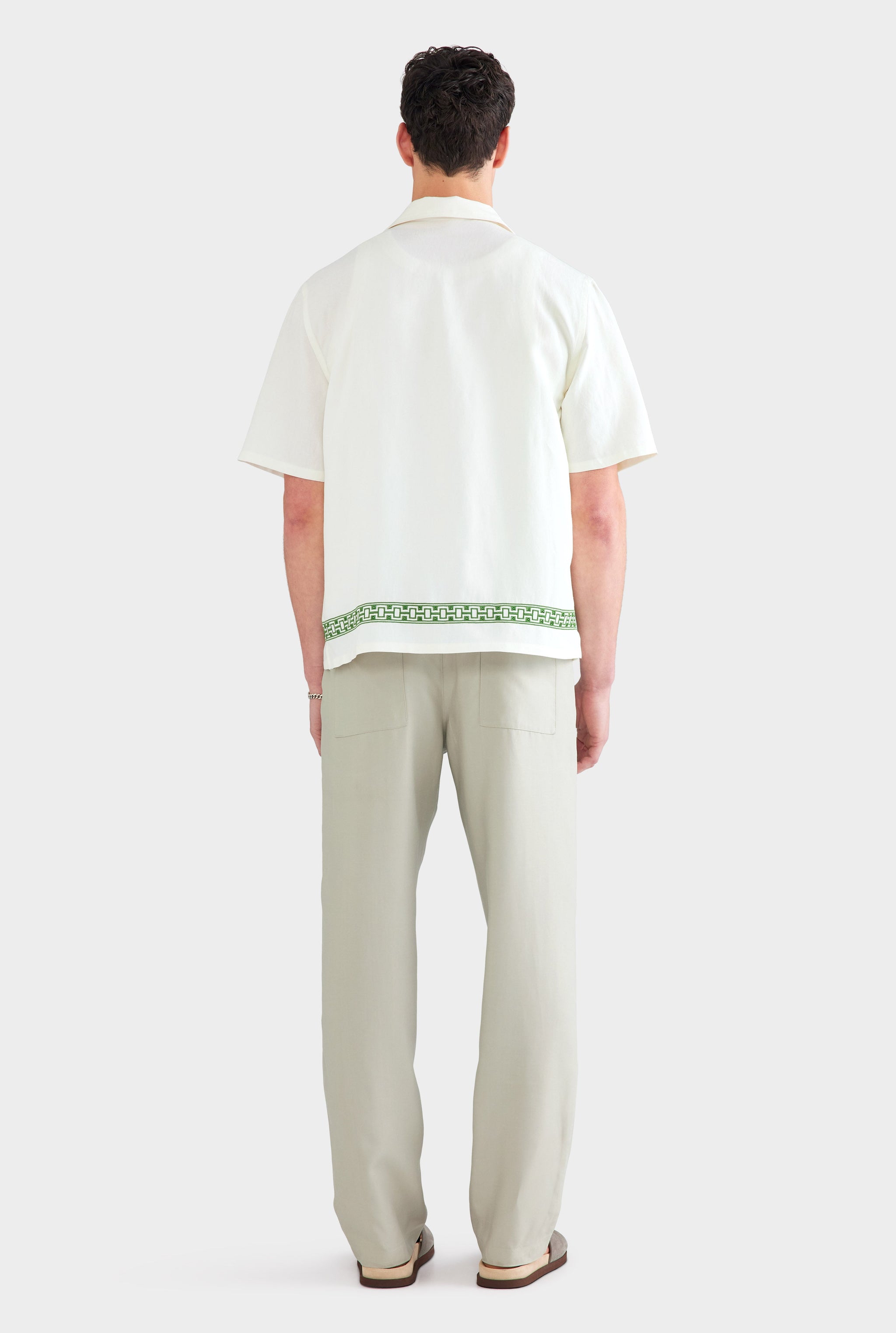 Beaded Silk Linen Camp Collar Shirt - Off White/Ivy Green