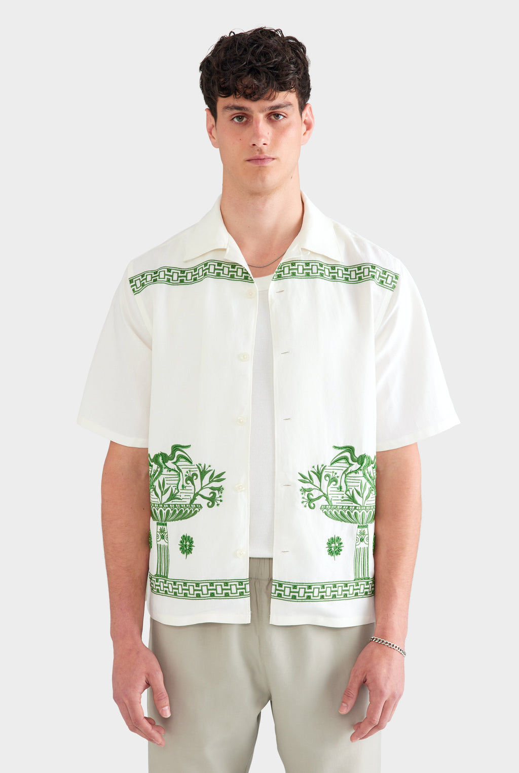 Beaded Silk Linen Camp Collar Shirt - Off White/Ivy Green