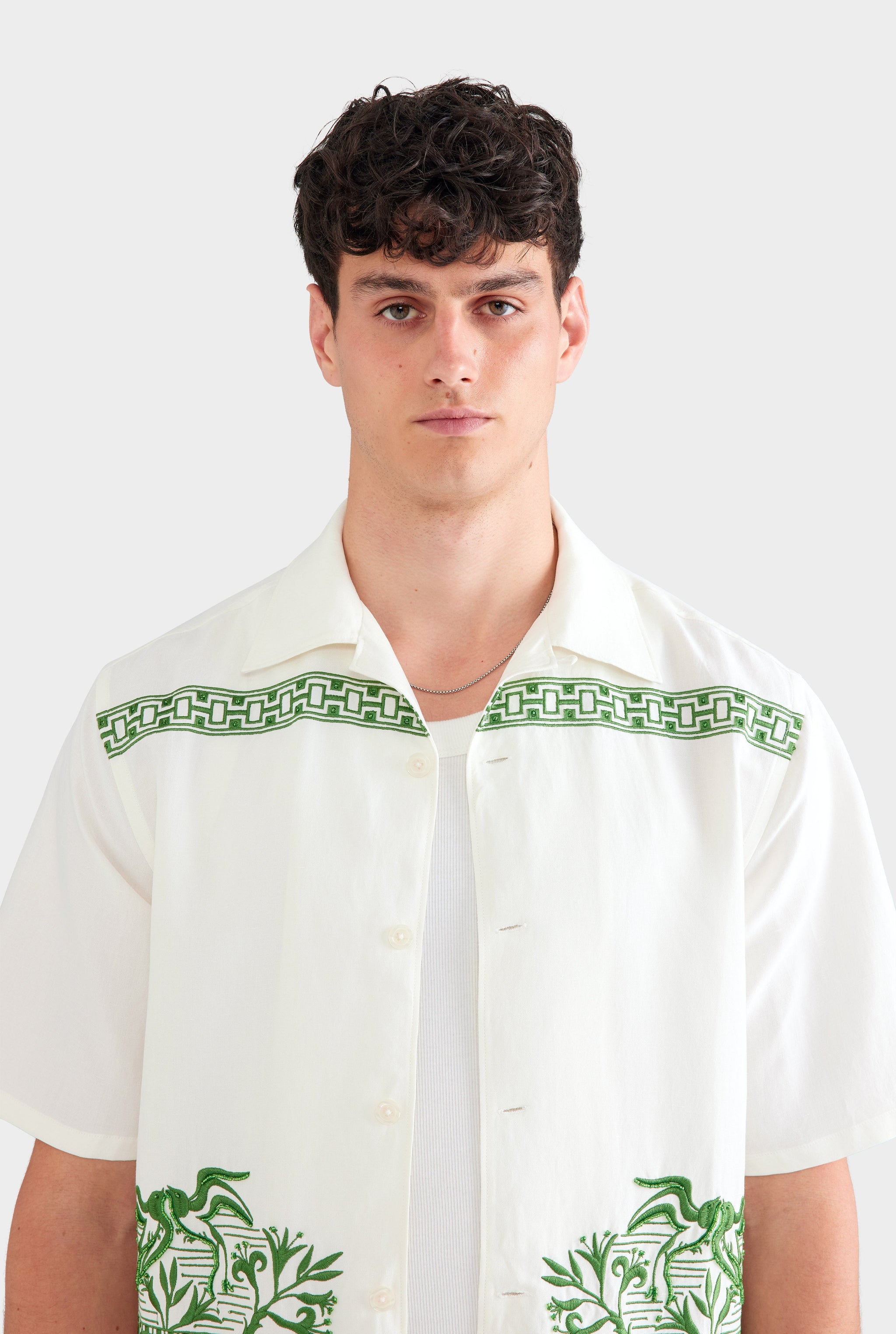 Beaded Silk Linen Camp Collar Shirt - Off White/Ivy Green