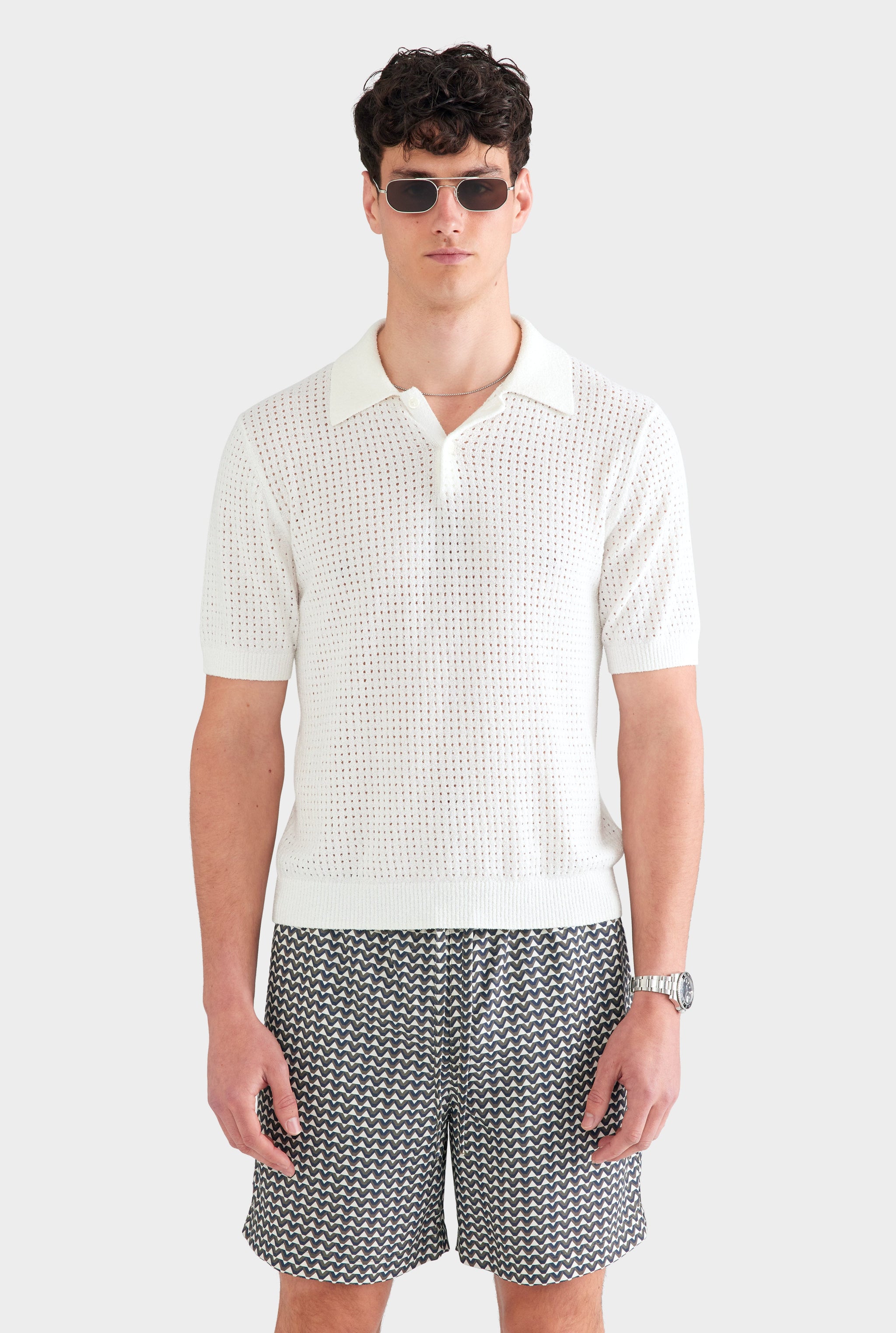 Boucle Open Knit Polo - Off White