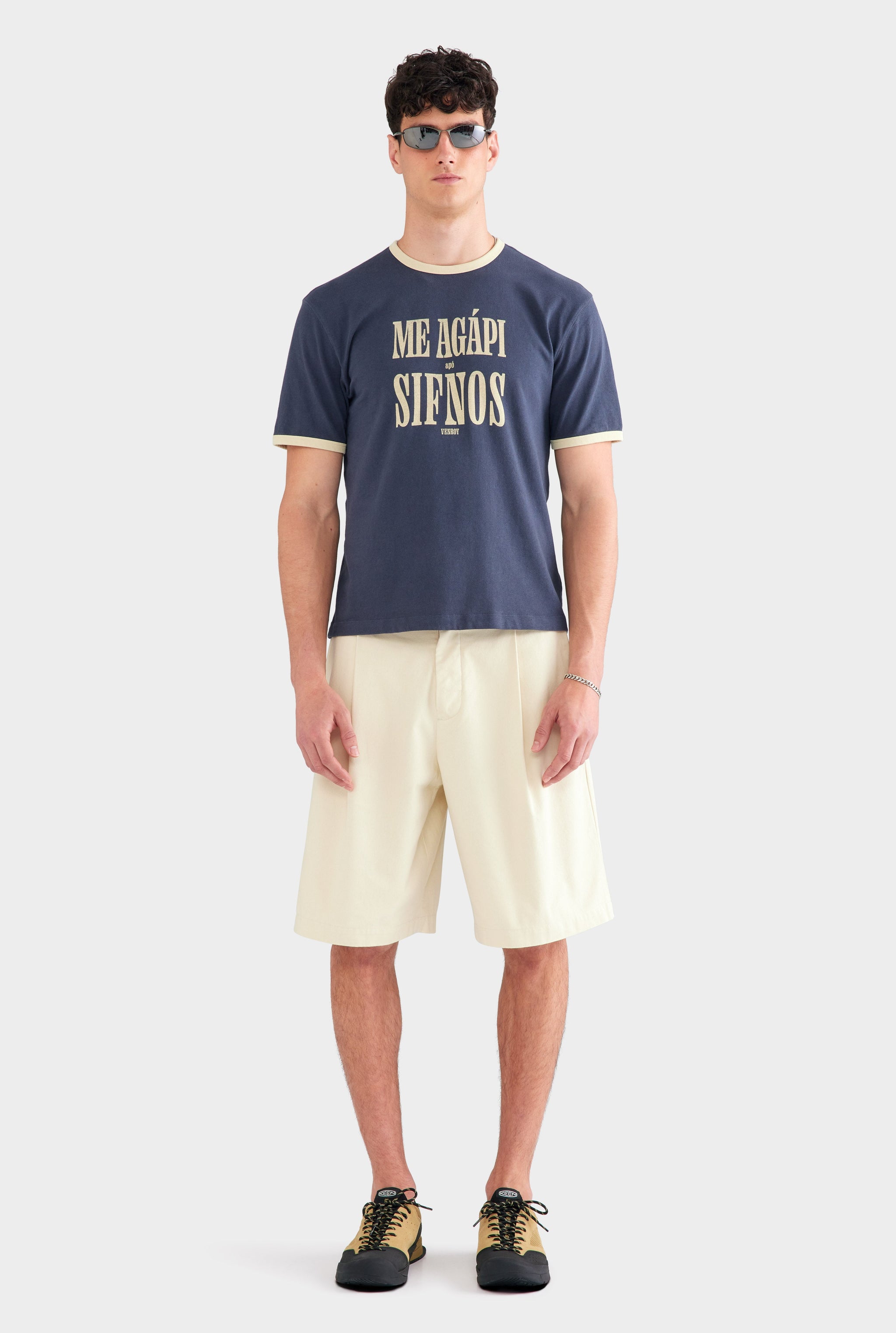 Cotton Linen Ringer T Shirt - Navy/Pastel Yellow