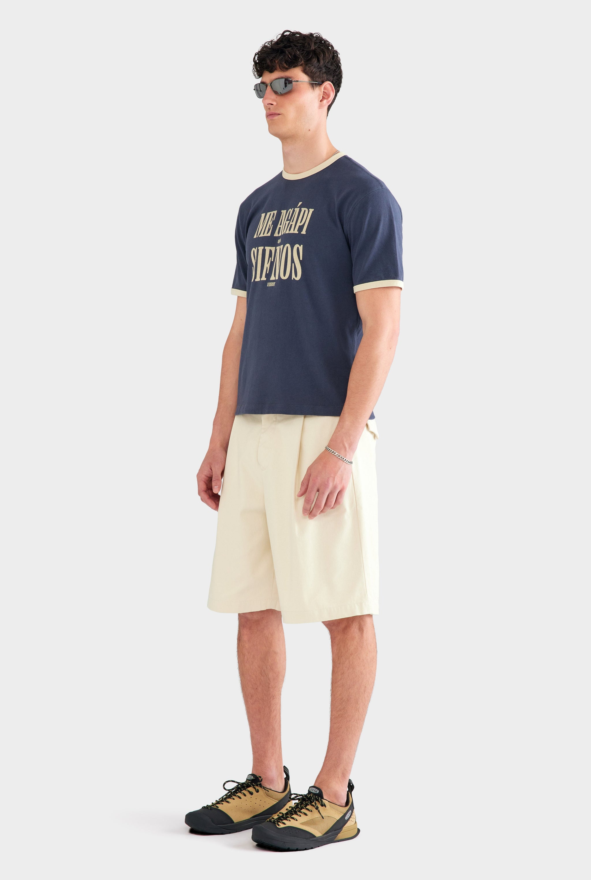 Cotton Linen Ringer T Shirt - Navy/Pastel Yellow
