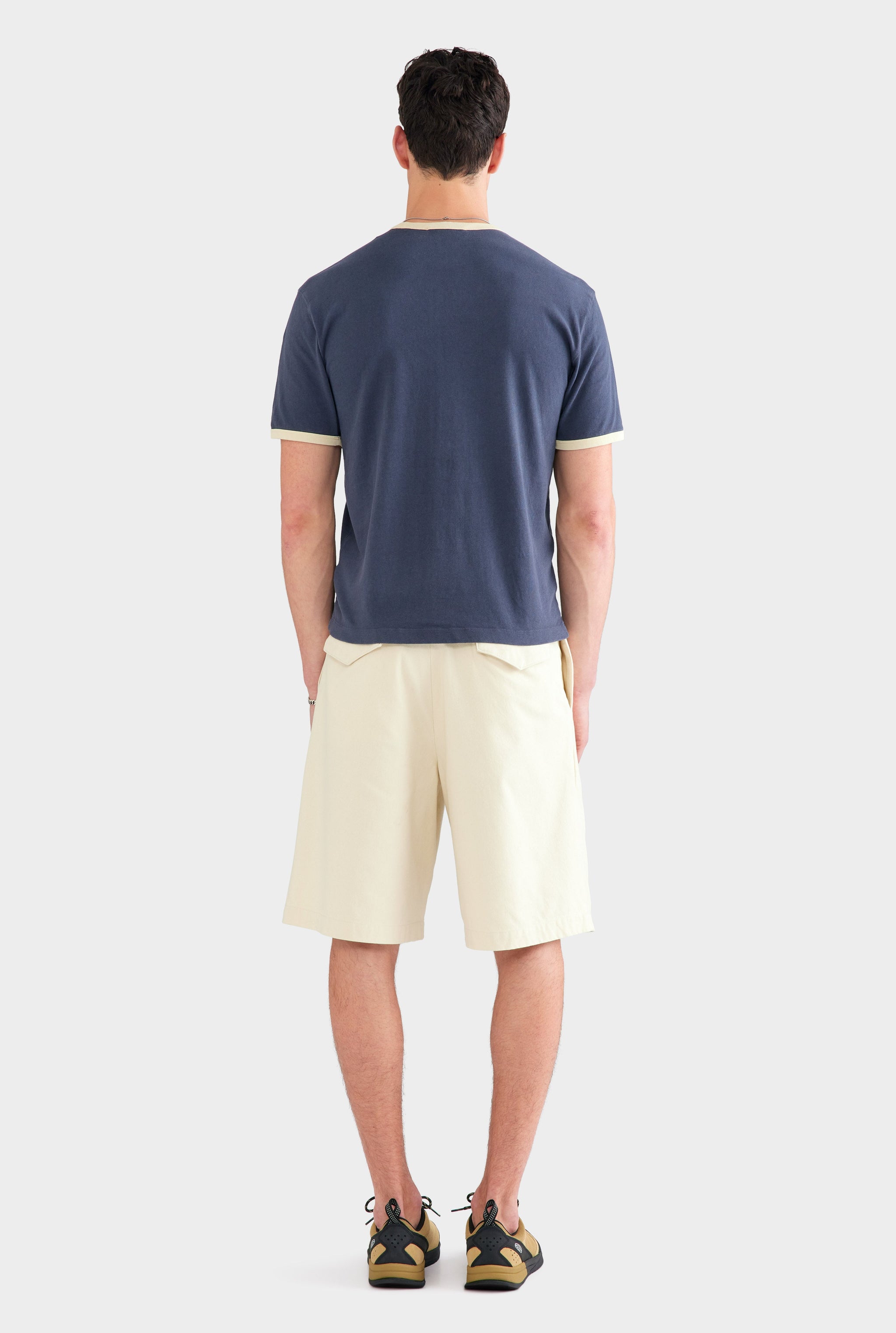 Cotton Linen Ringer T Shirt - Navy/Pastel Yellow