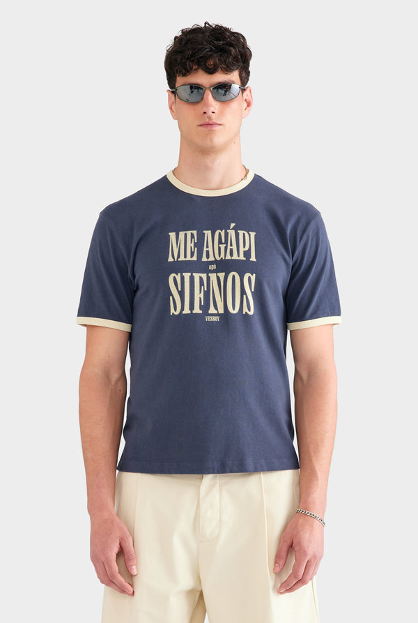 Cotton Linen Ringer T Shirt - Navy/Pastel Yellow