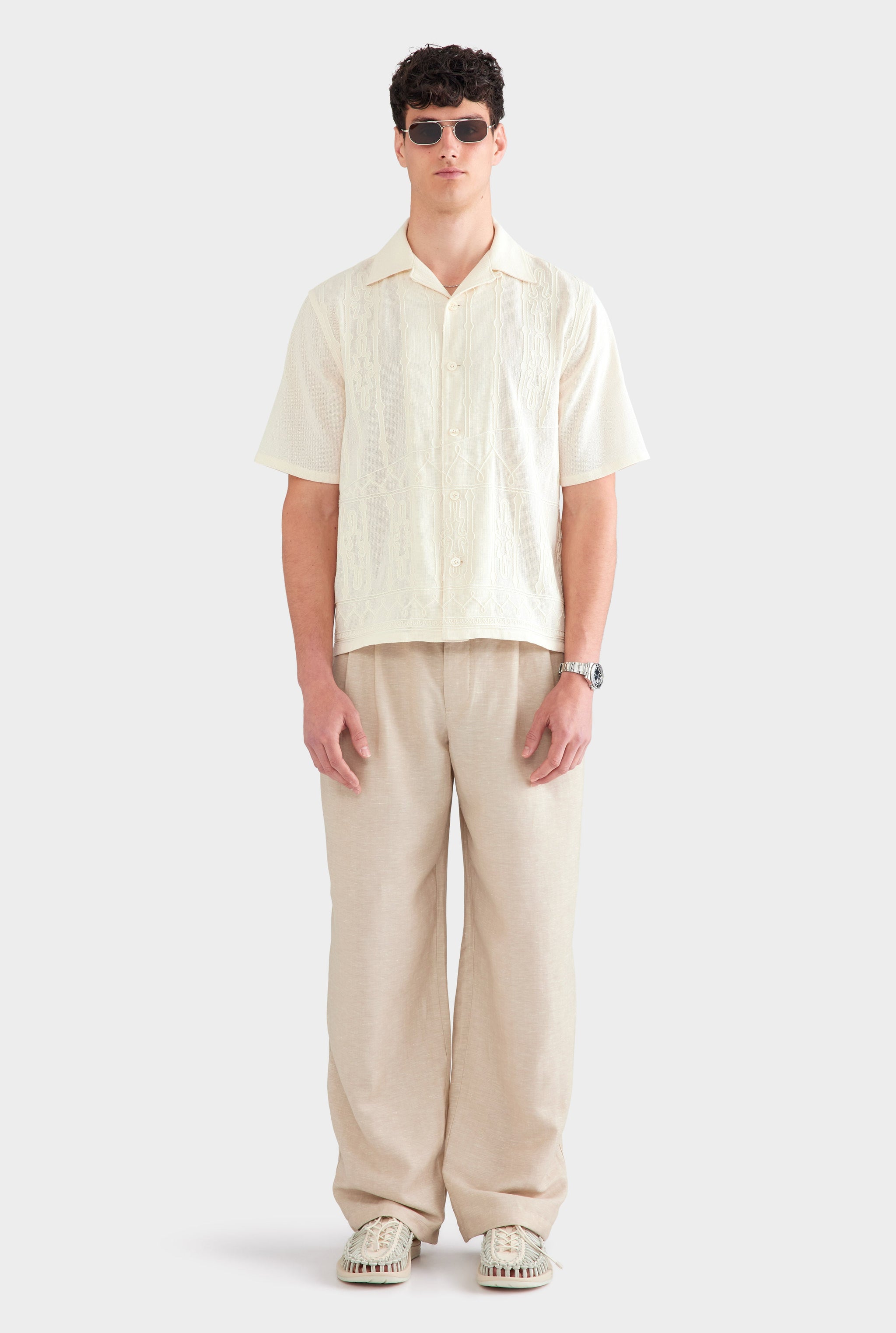 Cotton Mesh Embroidered Shirt - Natural