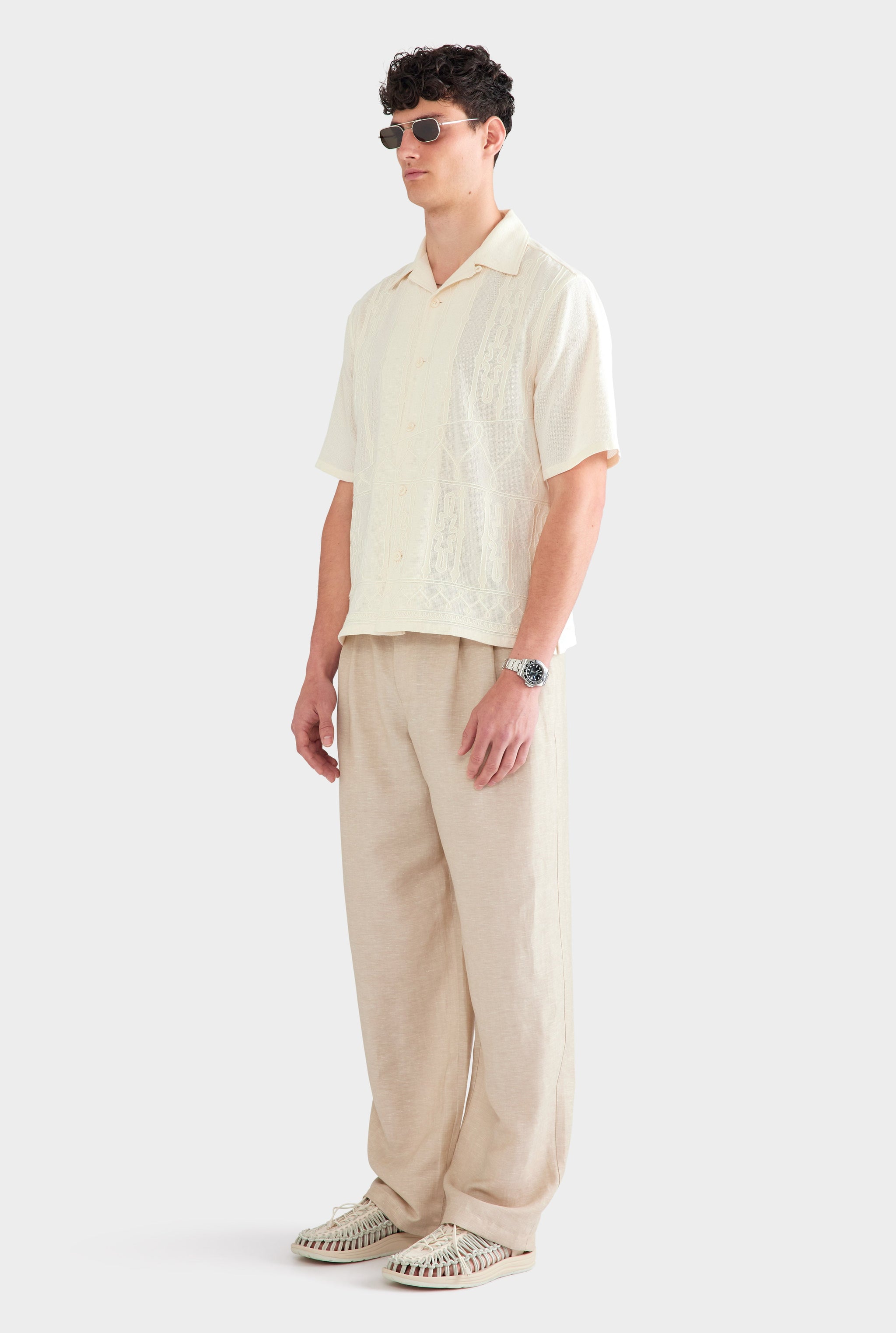 Cotton Mesh Embroidered Shirt - Natural