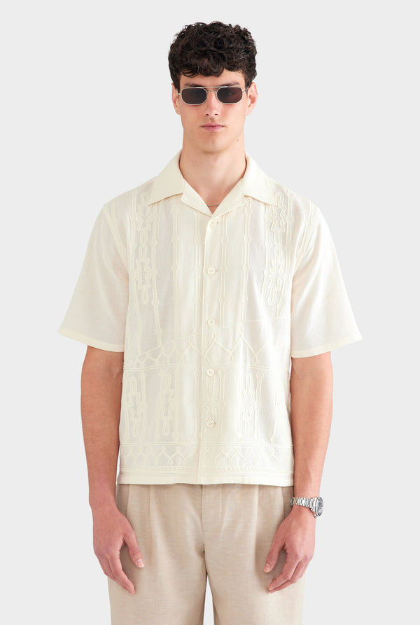 Cotton Mesh Embroidered Shirt - Natural