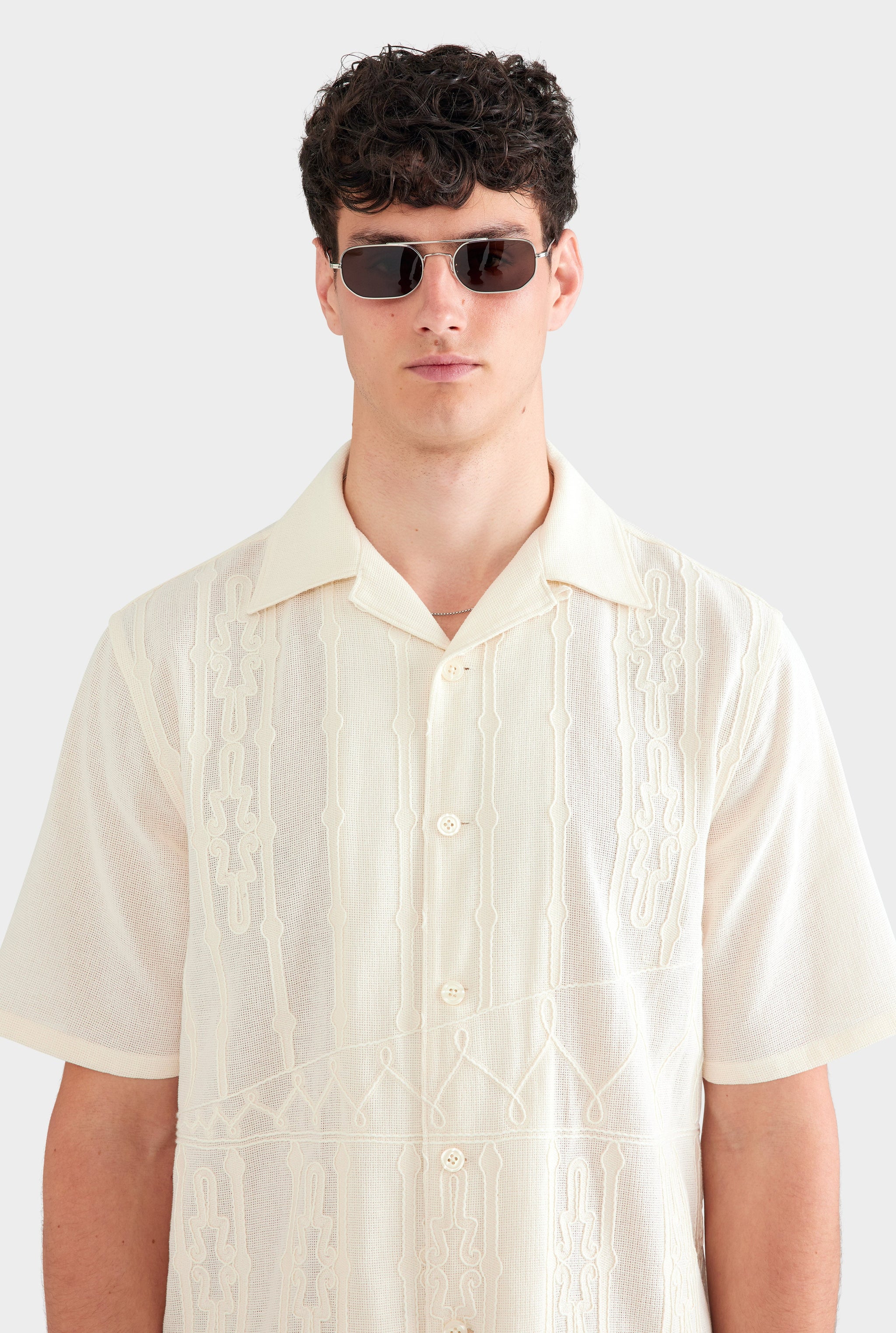 Cotton Mesh Embroidered Shirt - Natural