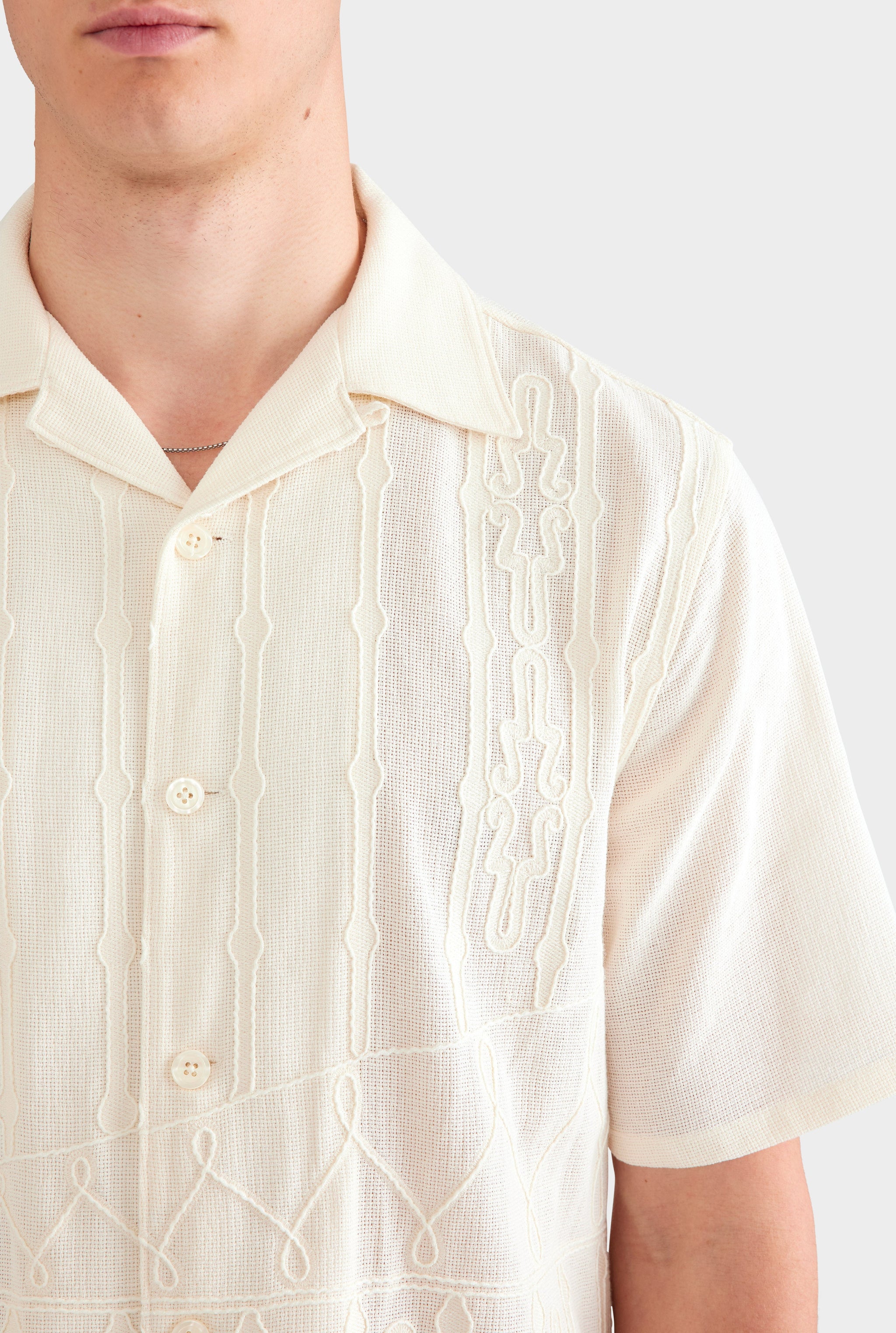 Cotton Mesh Embroidered Shirt - Natural