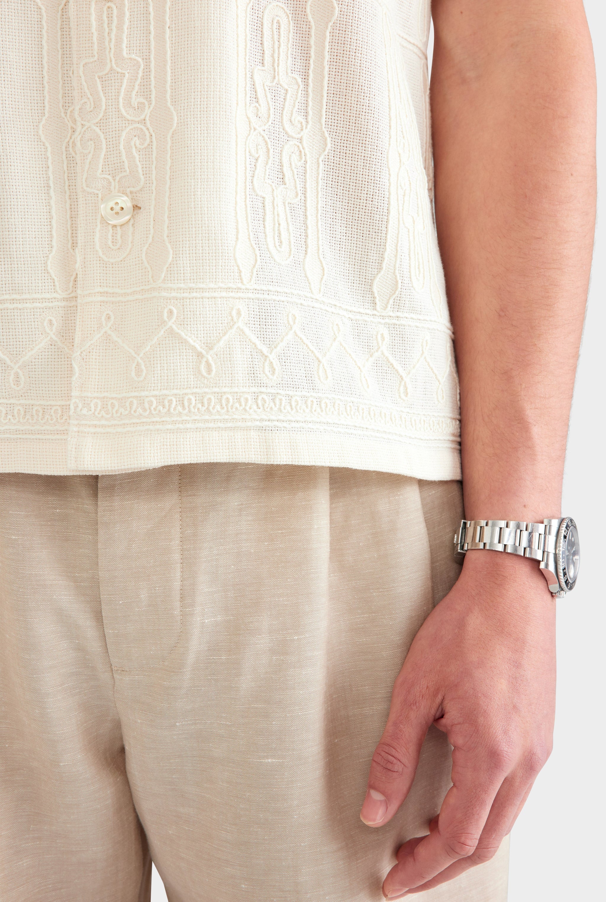 Cotton Mesh Embroidered Shirt - Natural