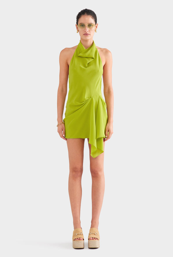 Draped Silk Halter Mini Dress - Chartreuse