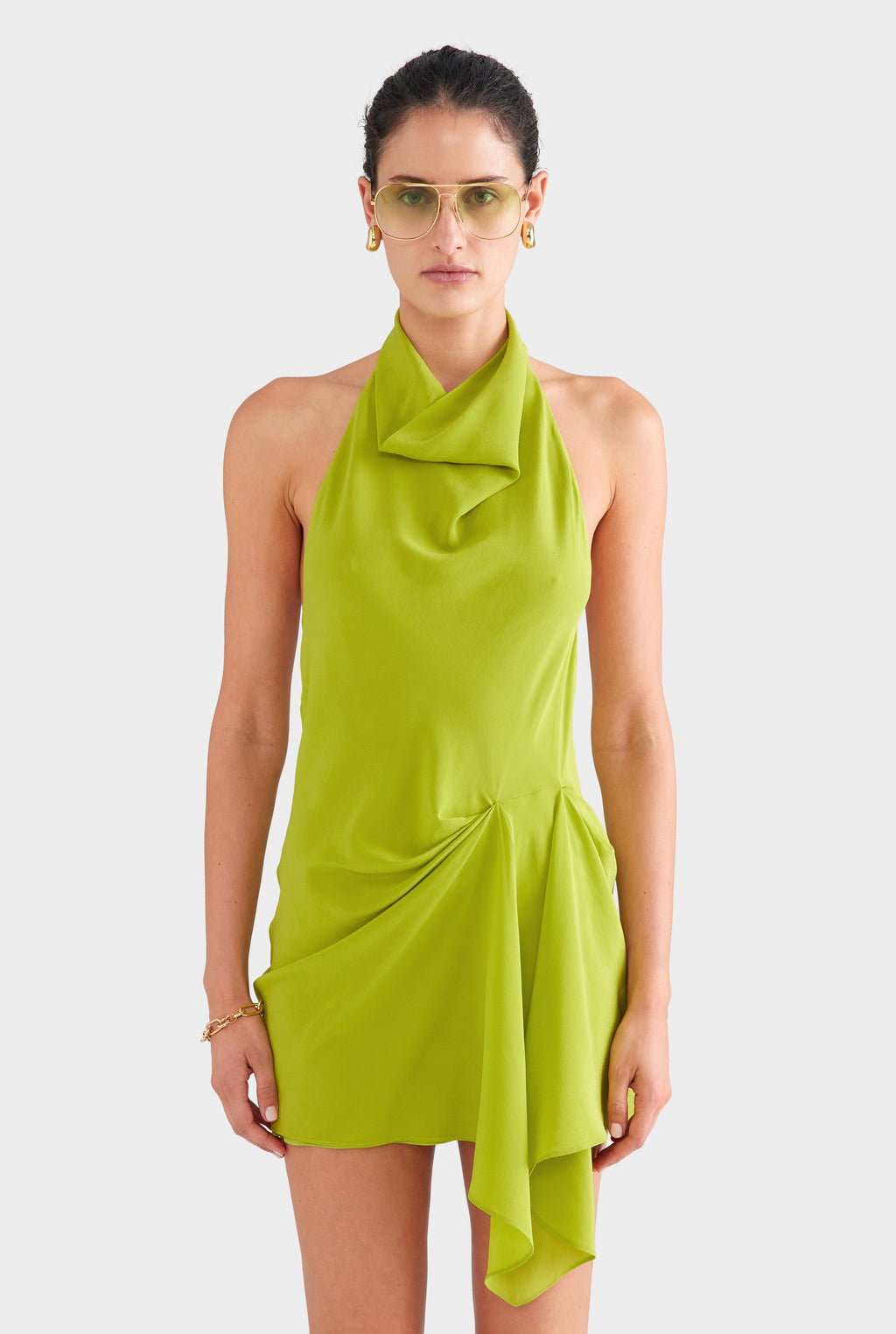 Draped Silk Halter Mini Dress - Chartreuse