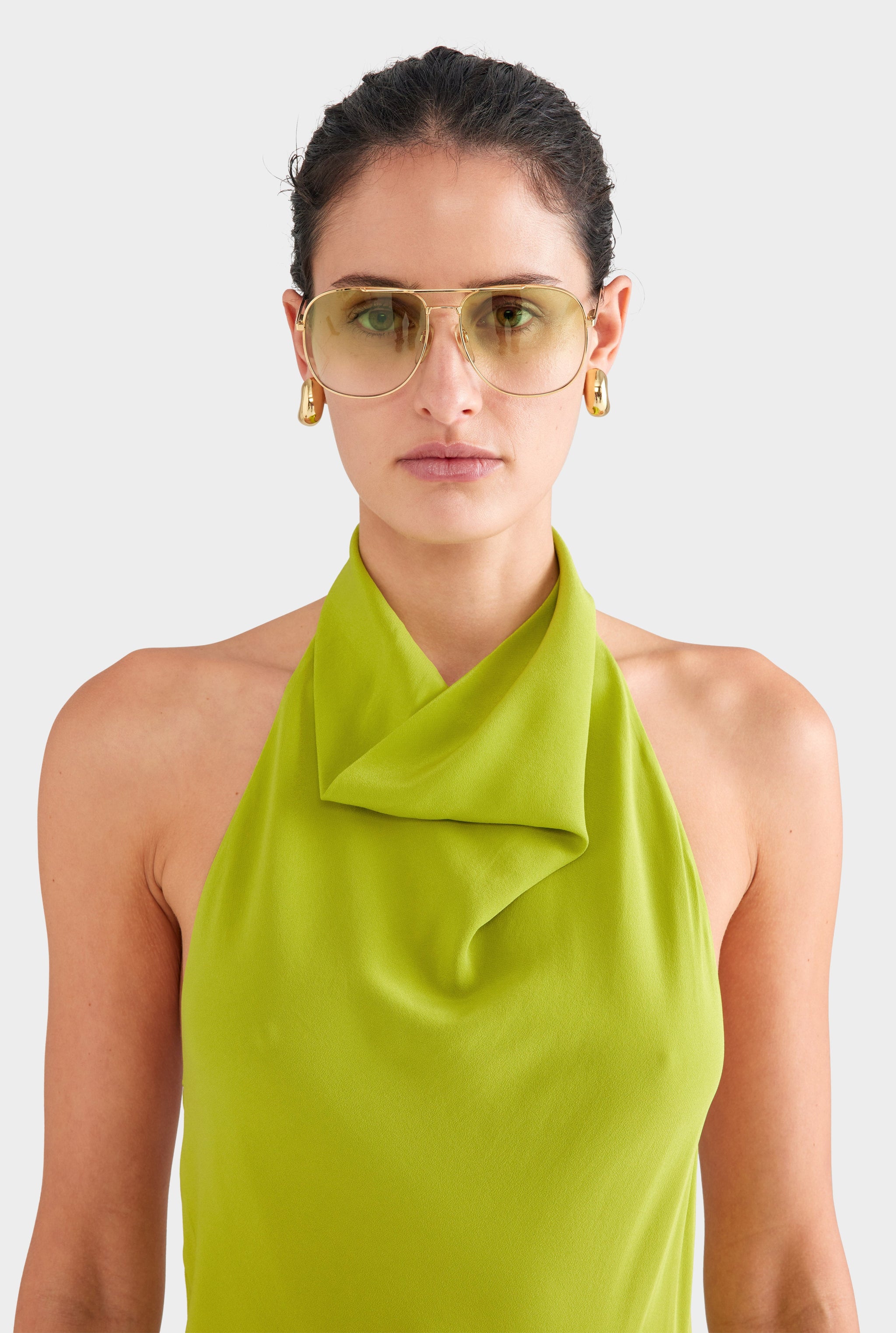Draped Silk Halter Mini Dress - Chartreuse