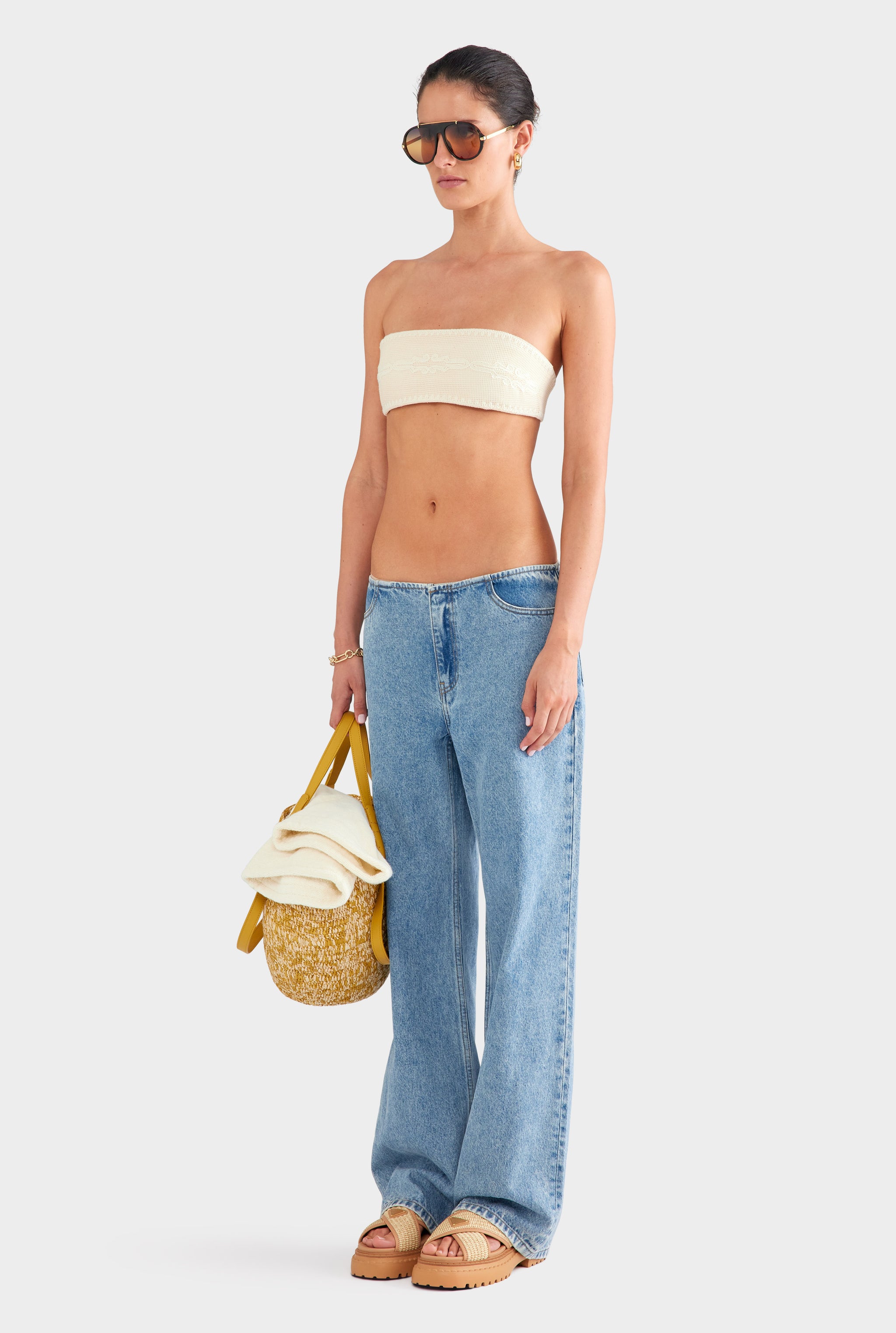 Embroidered Cotton Mesh Bandeau - Natural