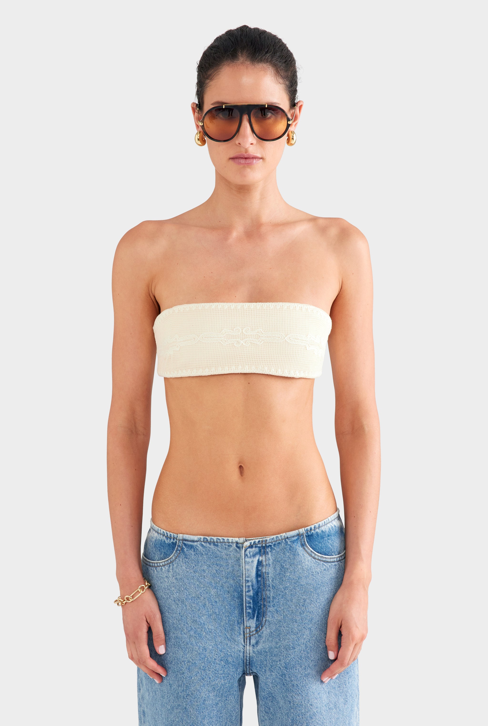 Embroidered Cotton Mesh Bandeau - Natural