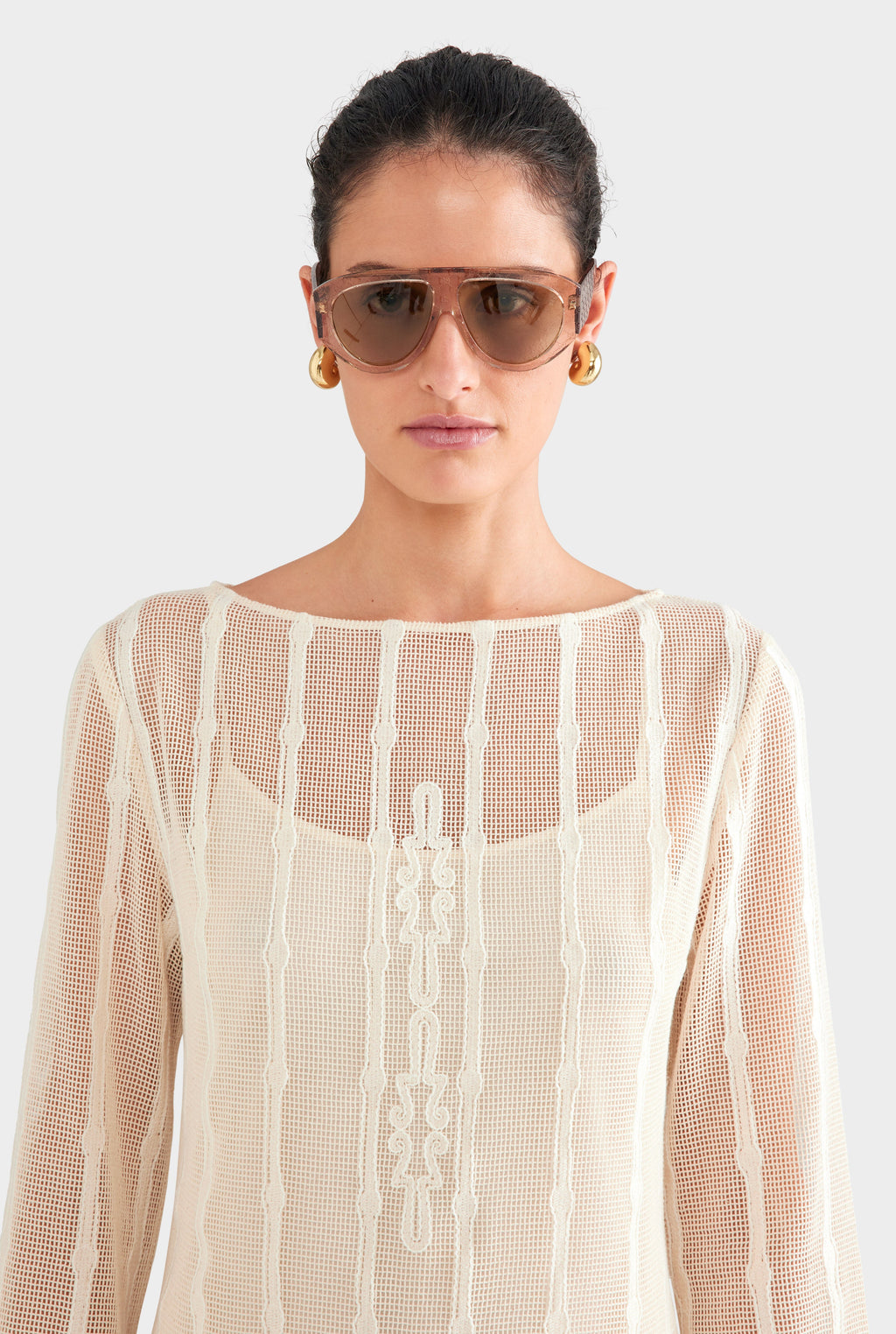 Embroidered Cotton Mesh Mini Dress - Natural