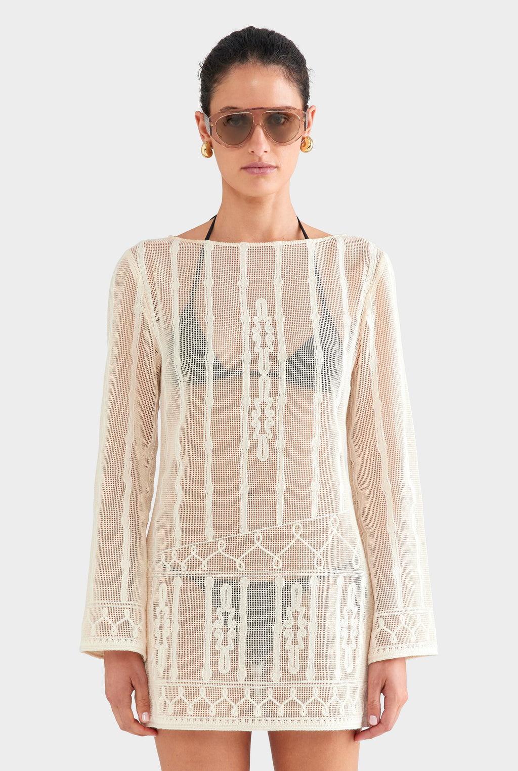 Embroidered Cotton Mesh Mini Dress - Natural