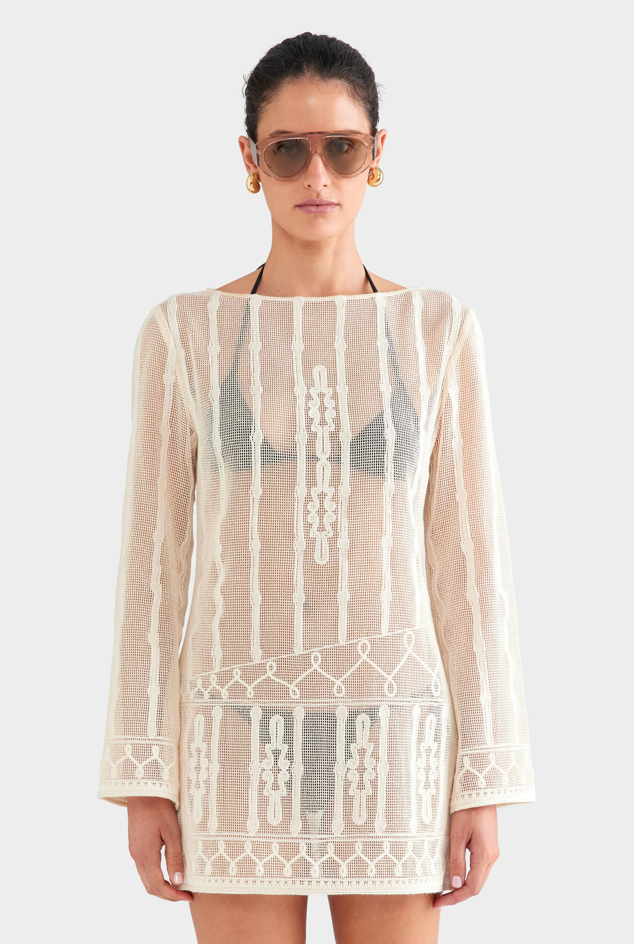 Embroidered Cotton Mesh Mini Dress - Natural