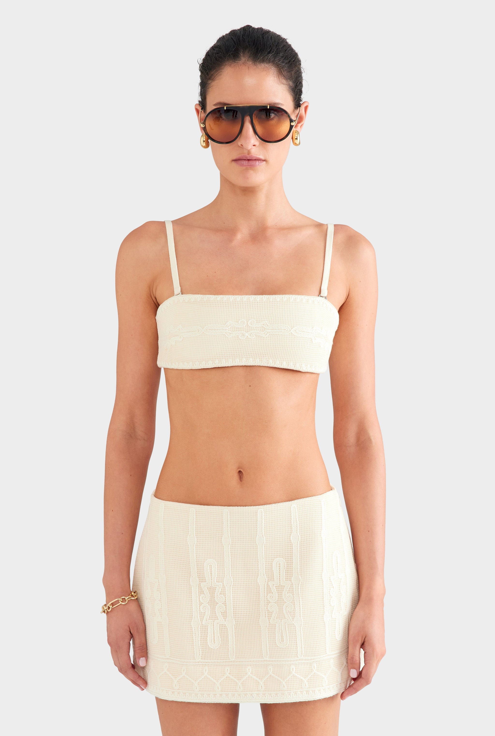 Embroidered Cotton Mesh Mini Skirt - Natural