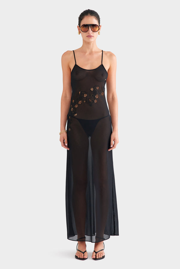 Embroidered Cutwork Slip Dress - Black