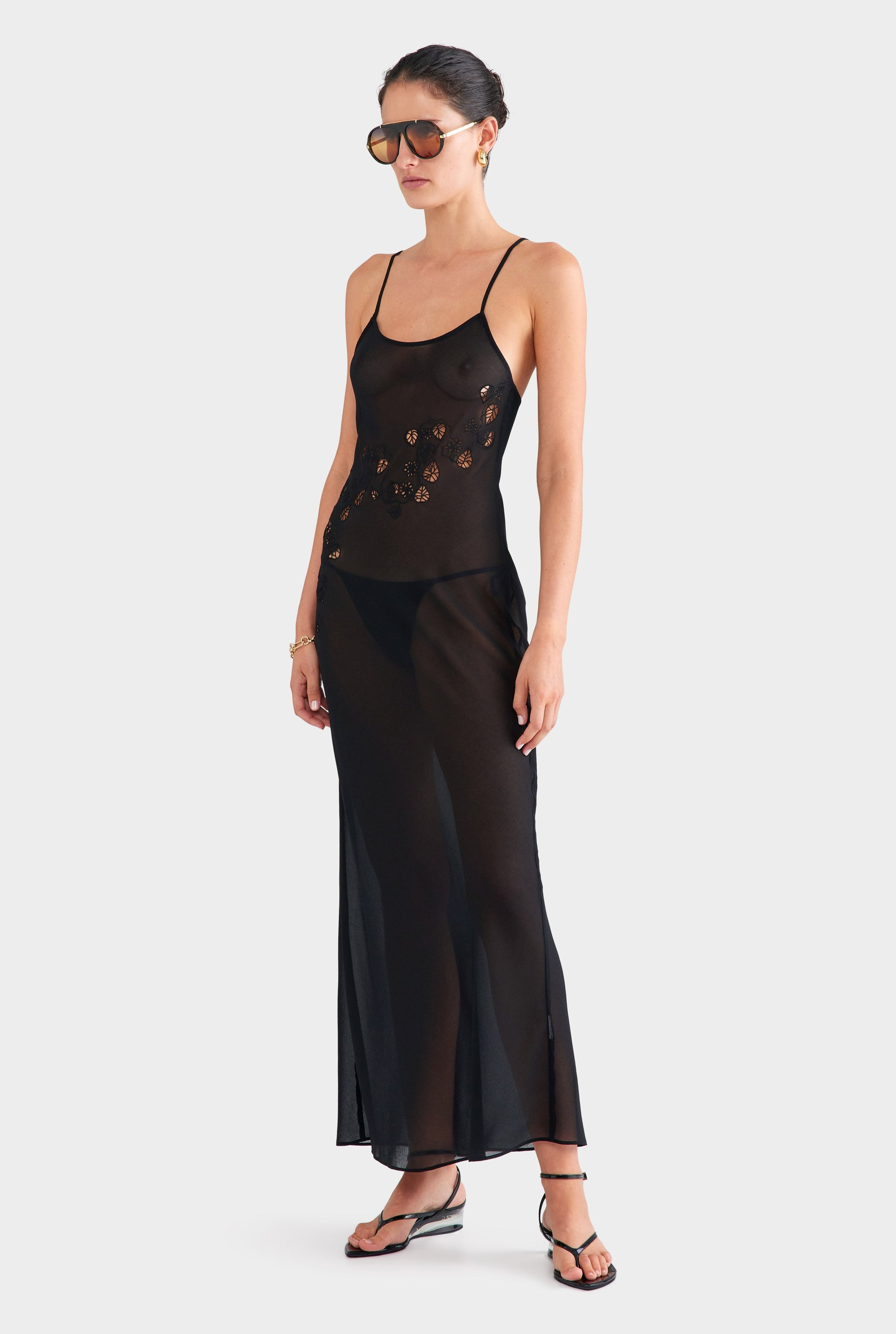 Embroidered Cutwork Slip Dress - Black