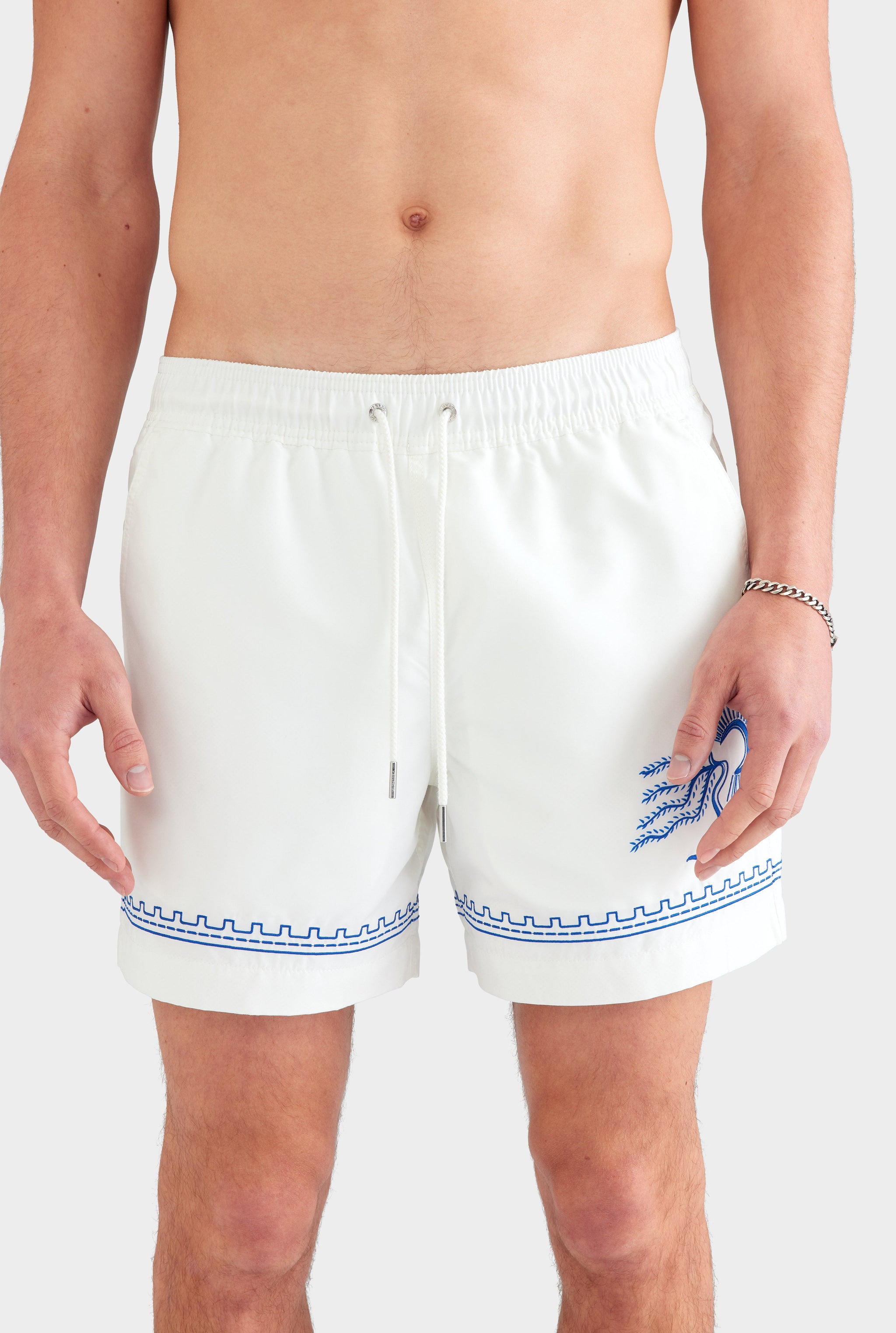 Embroidered Swim Short - Off White/Bright Blue