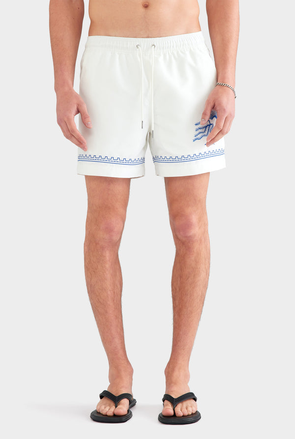 Embroidered Swim Short - Off White/Bright Blue