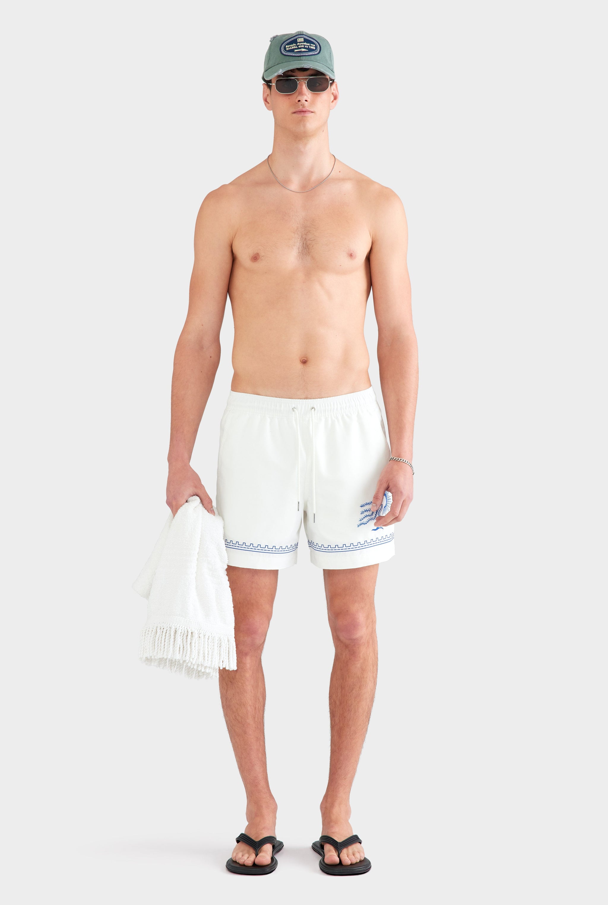 Embroidered Swim Short - Off White/Bright Blue